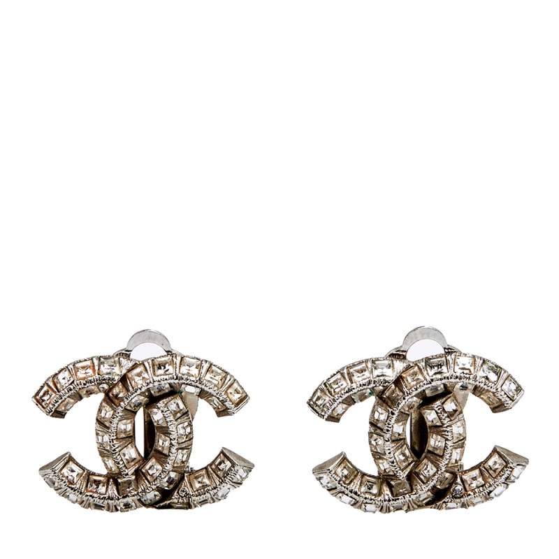 Chanel Silver Tone Crystal CC Stud Earrings Chanel | The Luxury Closet