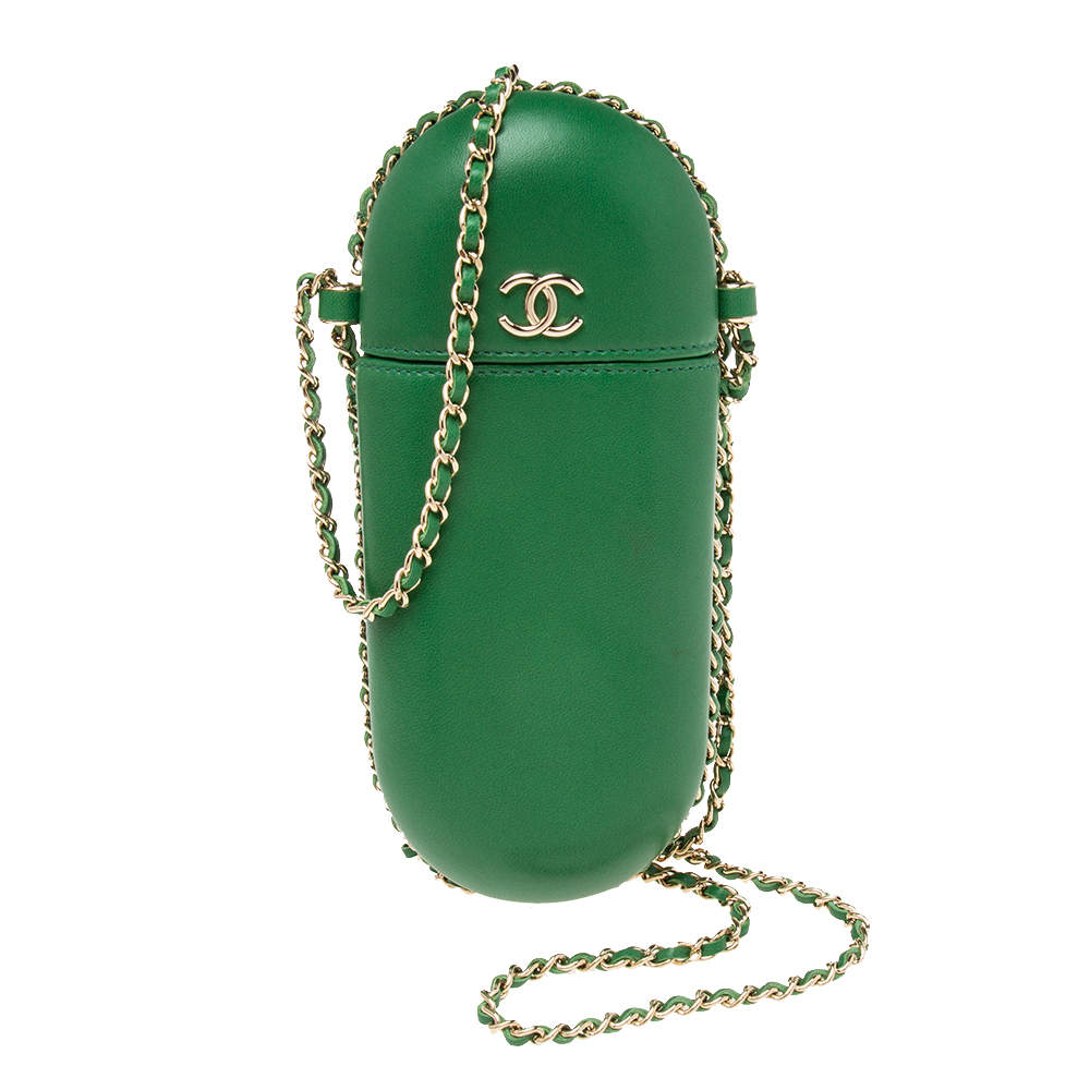 Pre Owned Chanel Green Leather CC Glasses Case with Chain