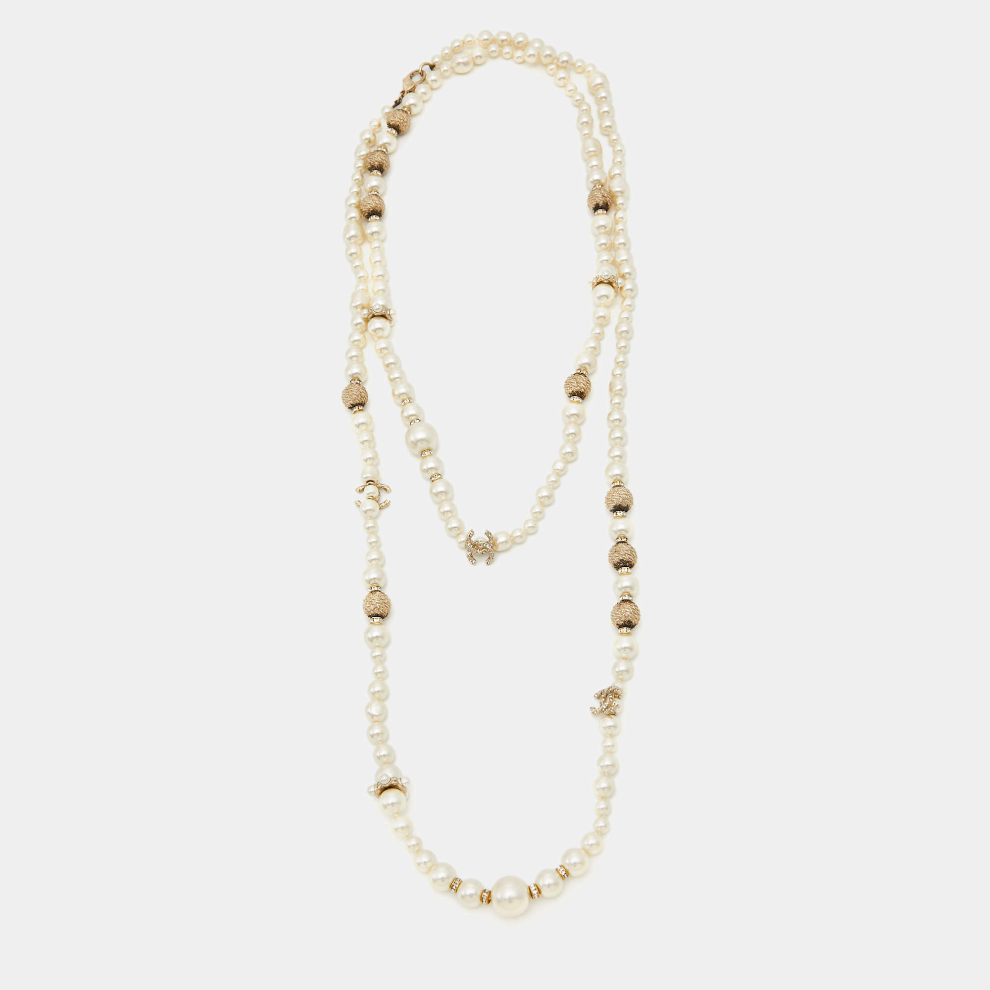 Chanel CC Charm Faux Pearl Crystal Gold Tone Beaded Long Necklace