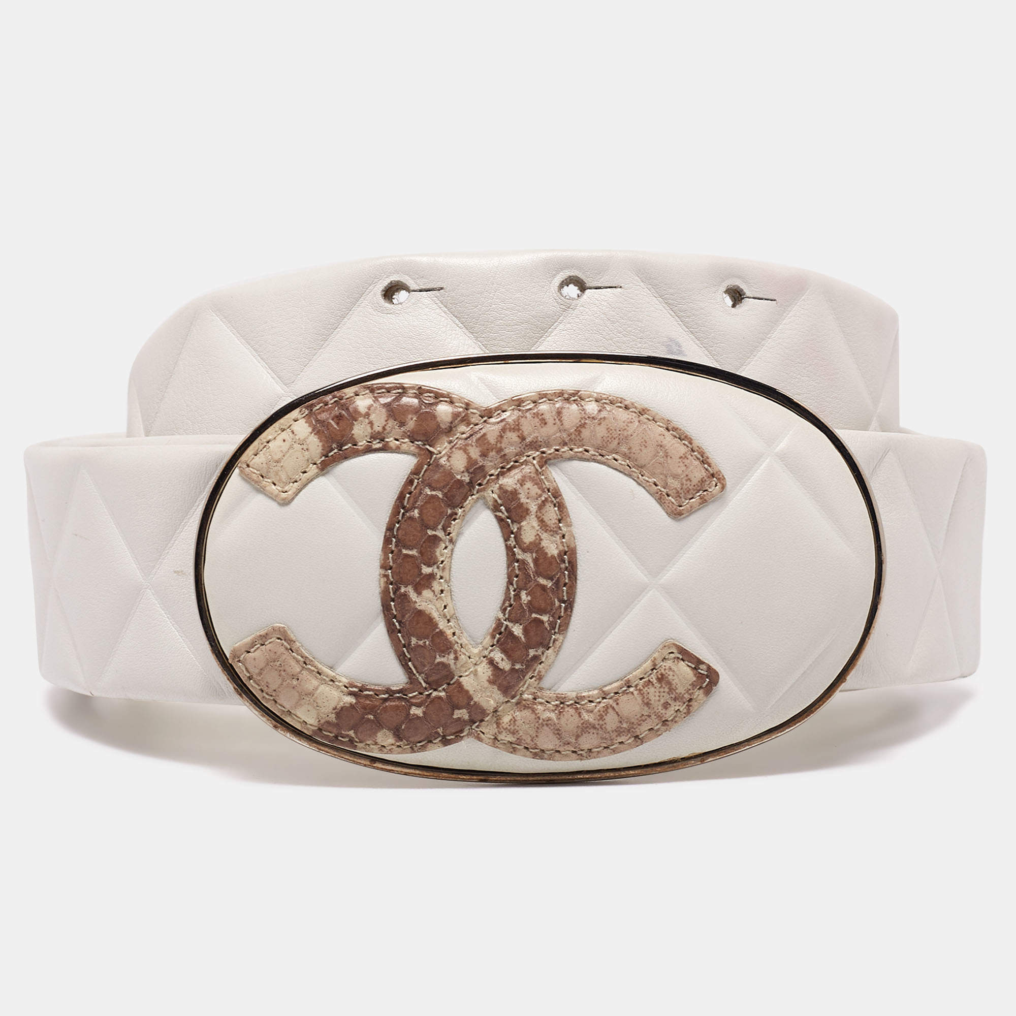 Chanel CC Leather Belt White Caviar Silver Hardware 20P Size 80
