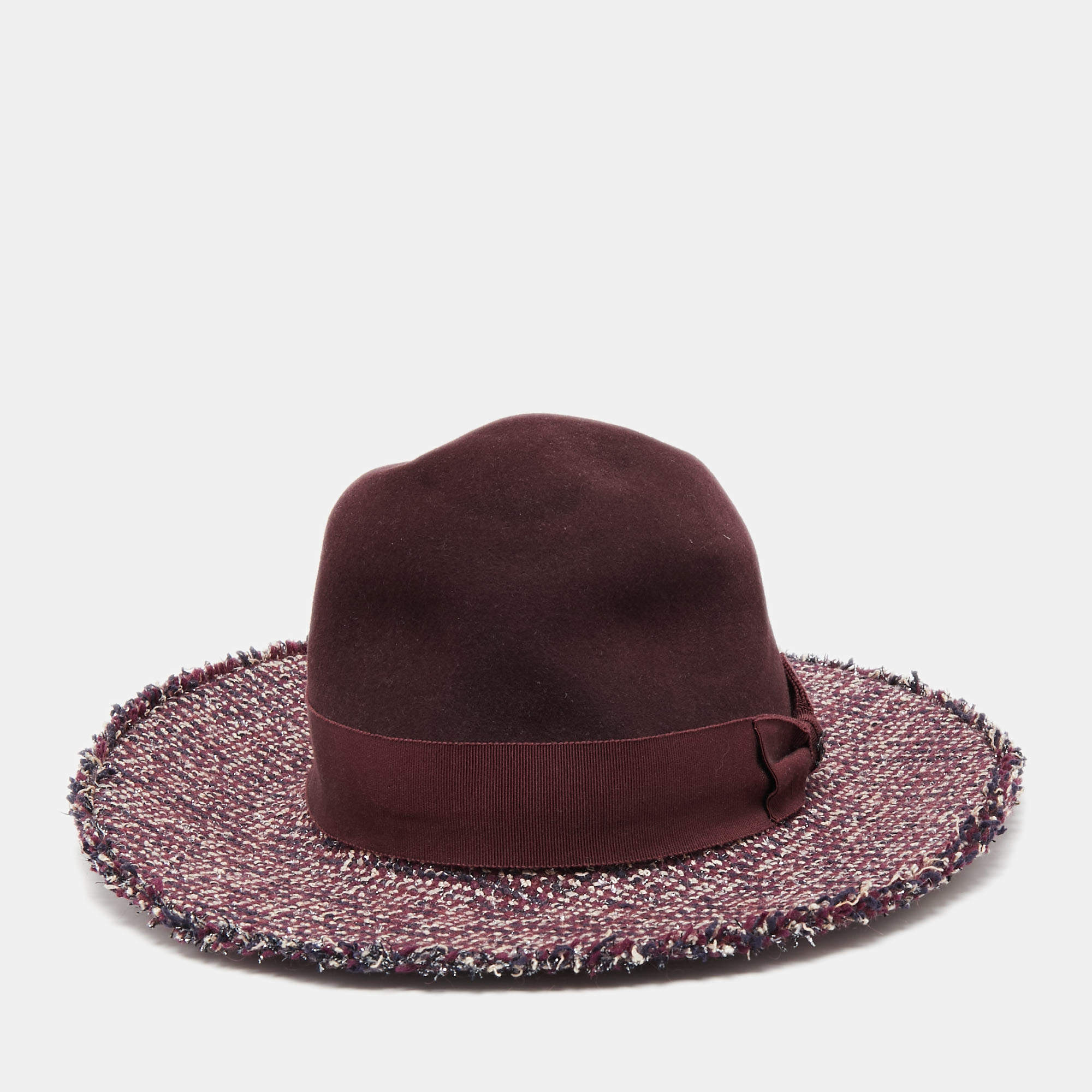 Pre Owned Chanel Burgundy Lurex Tweed Hat 
