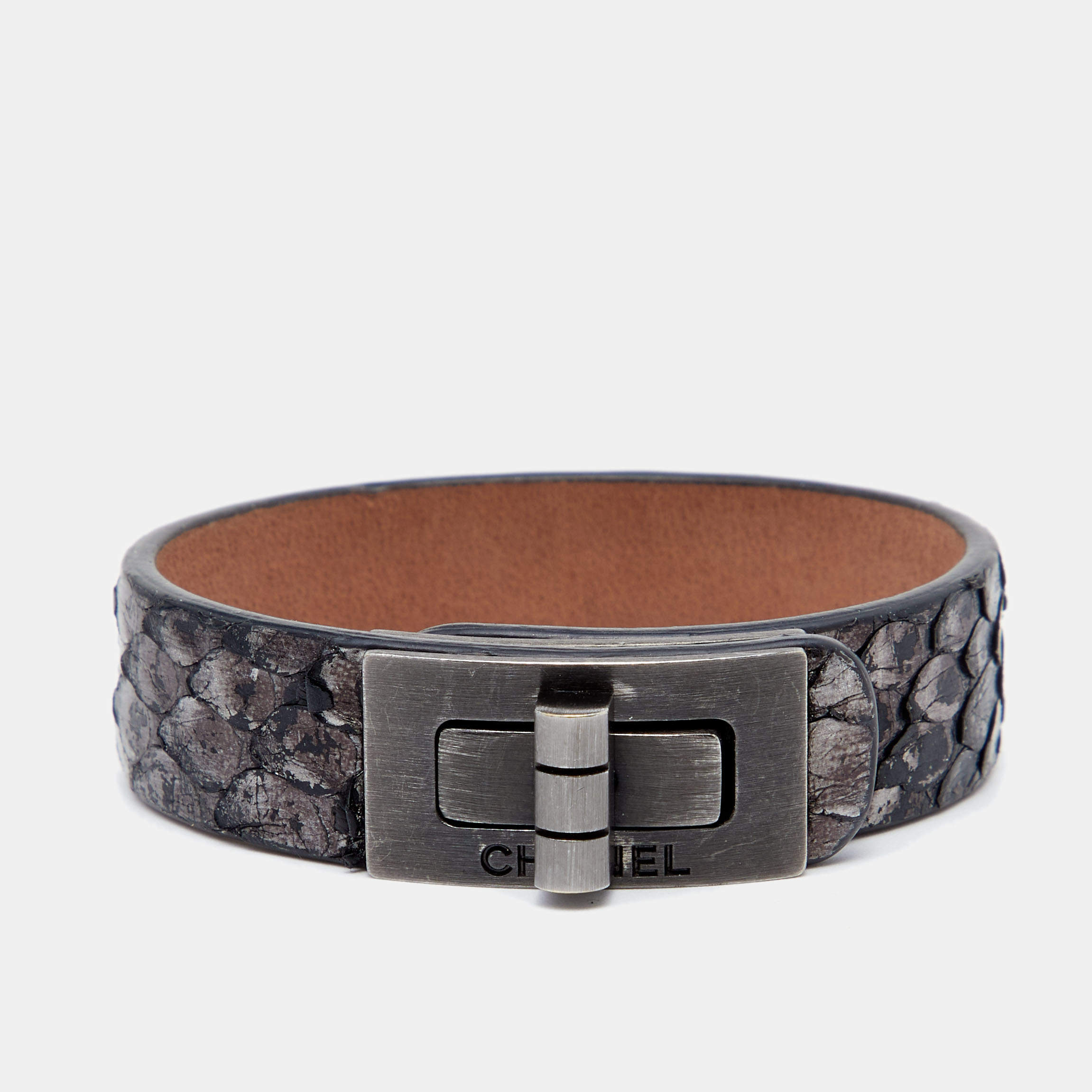 Chanel Grey Metallic Snakeskin Leather Bracelet