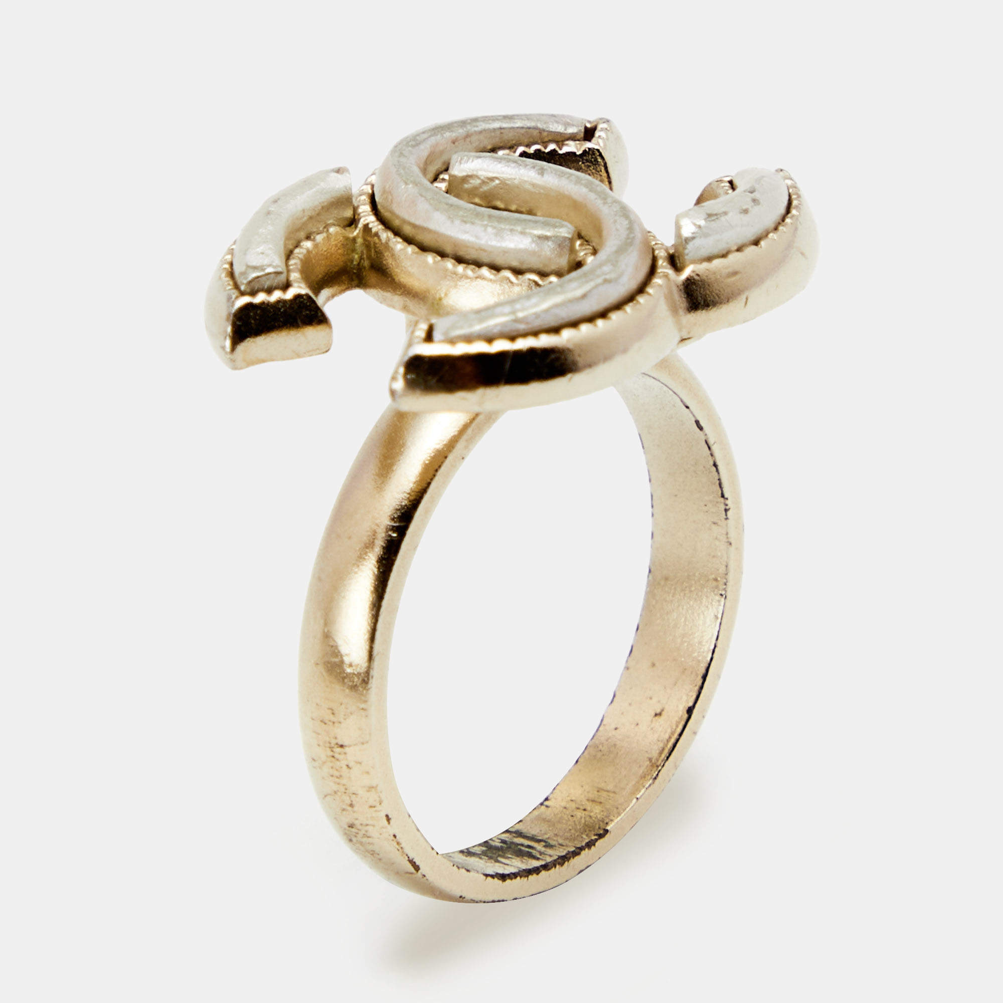 Chanel Pale Gold Tone CC Motif Ring EU 51