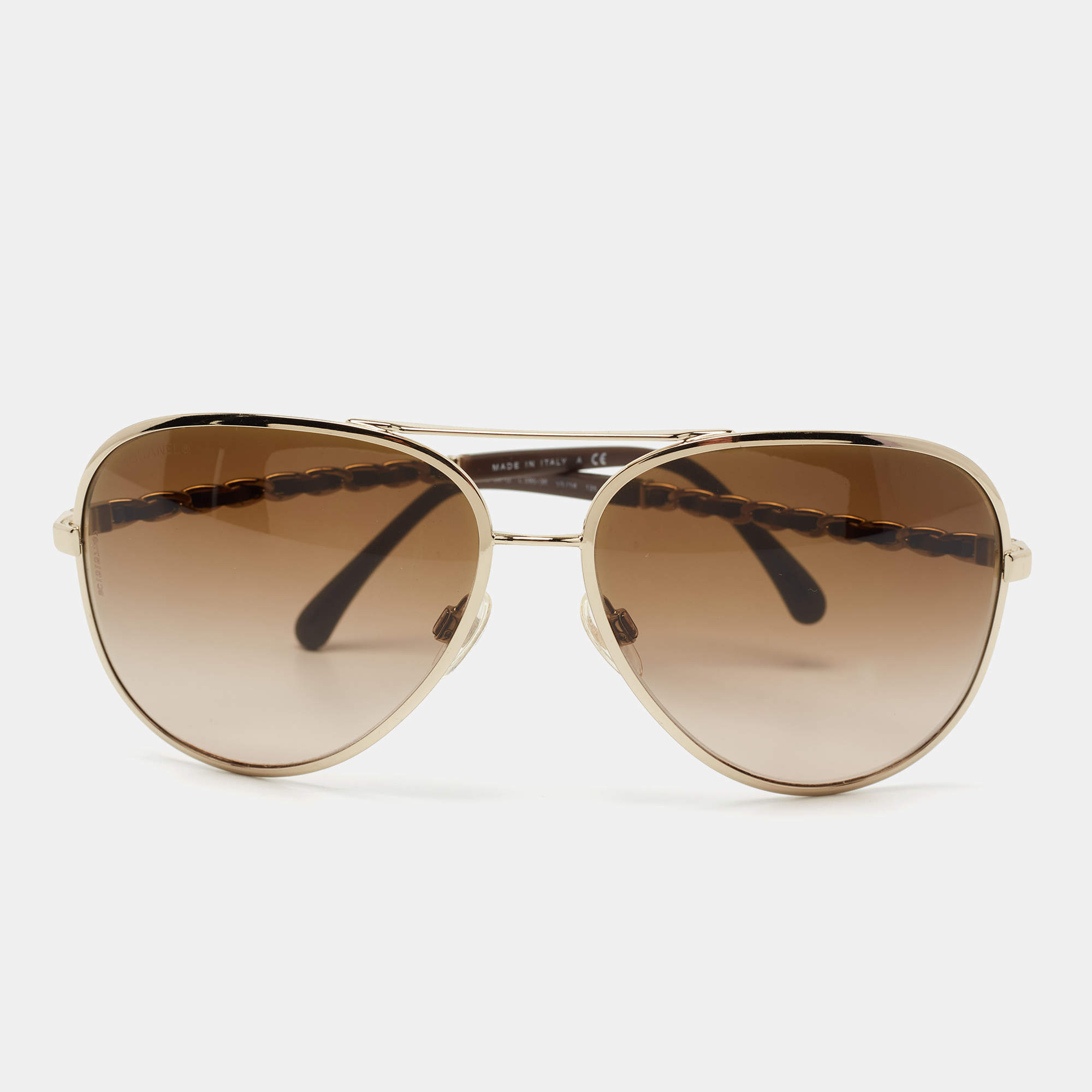 Chanel Gold Tone/ Brown Gradient 4194-Q Leather Chain Link Aviator  Sunglasses