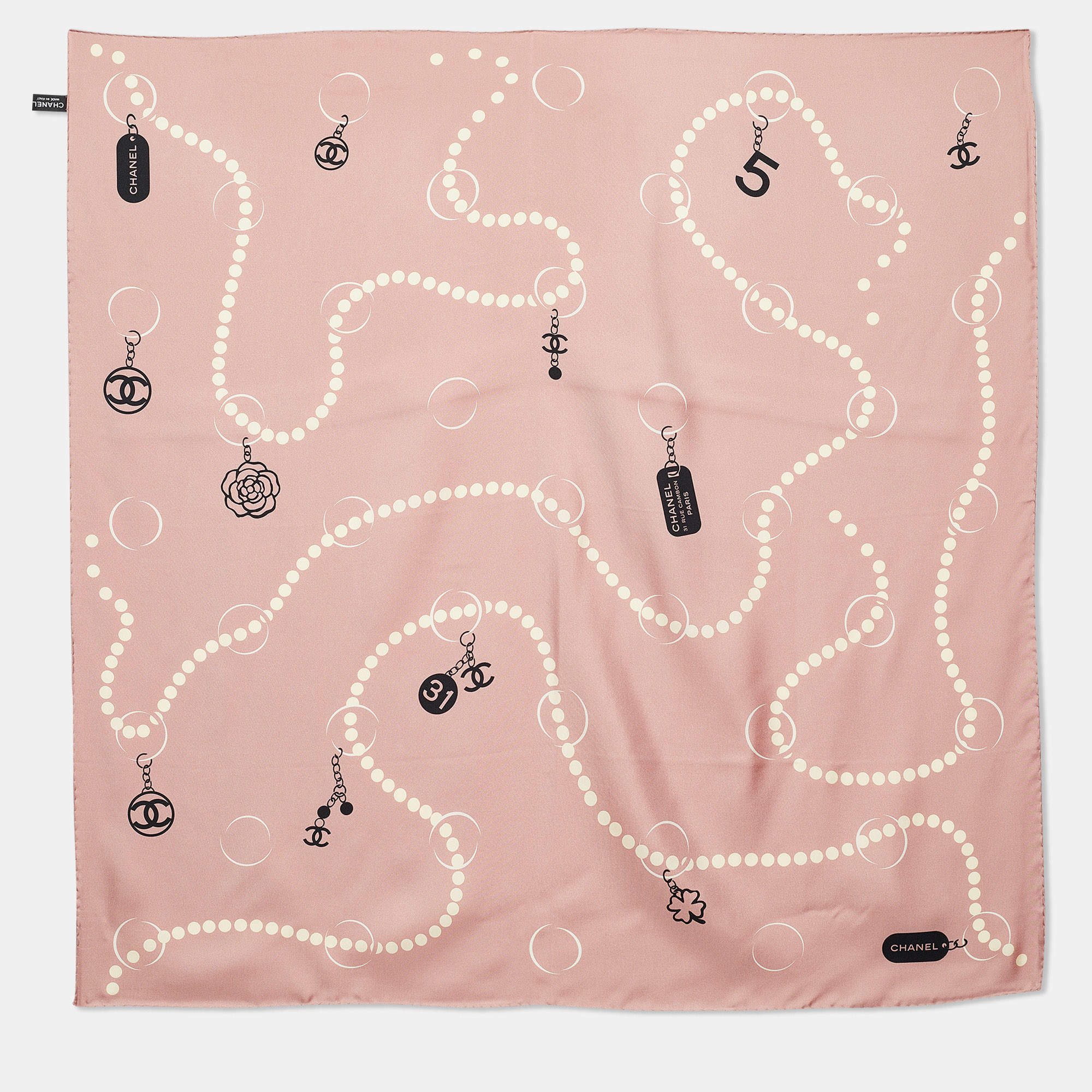 Pre Owned Chanel Pink Bead CC Charms Print Silk Scarf