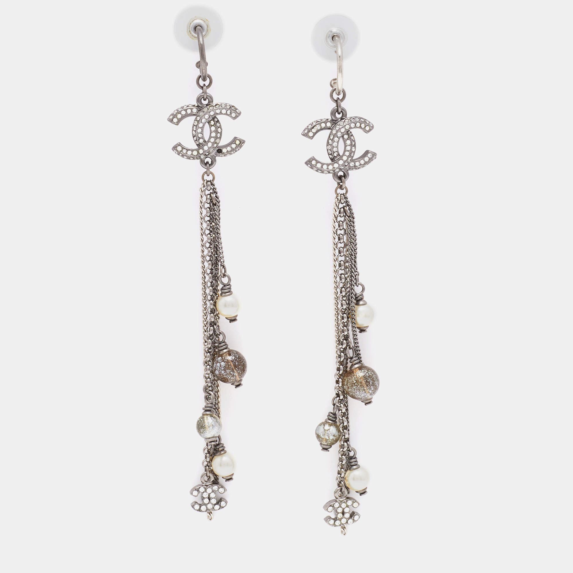 Pre Owned Chanel Gunmetal Tone Crystal CC Faux Pearl & Bead Chain Dangle Earrings 