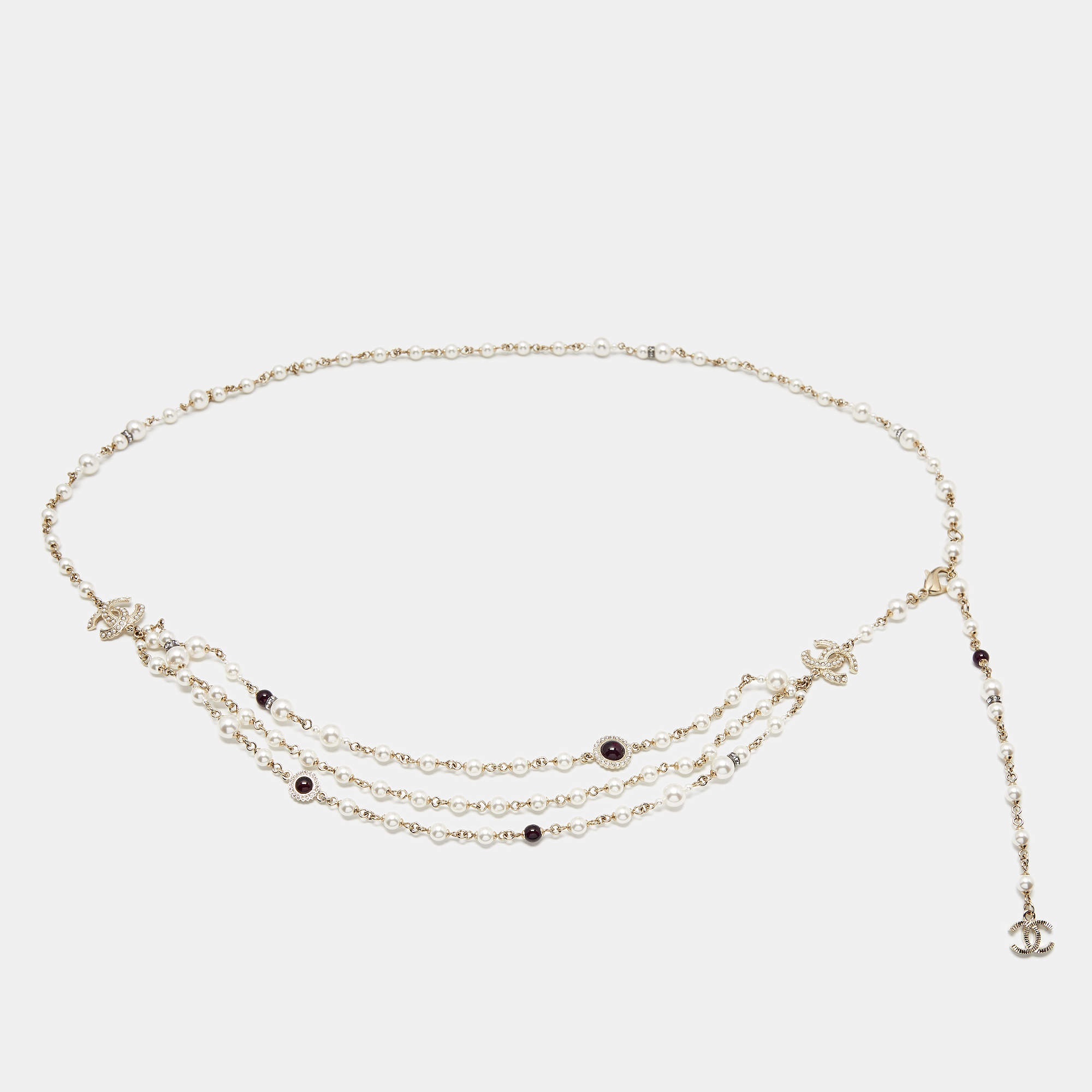 Pre Owned Chanel CC Crystal Faux Pearl Glass Two Tone Metal Belt