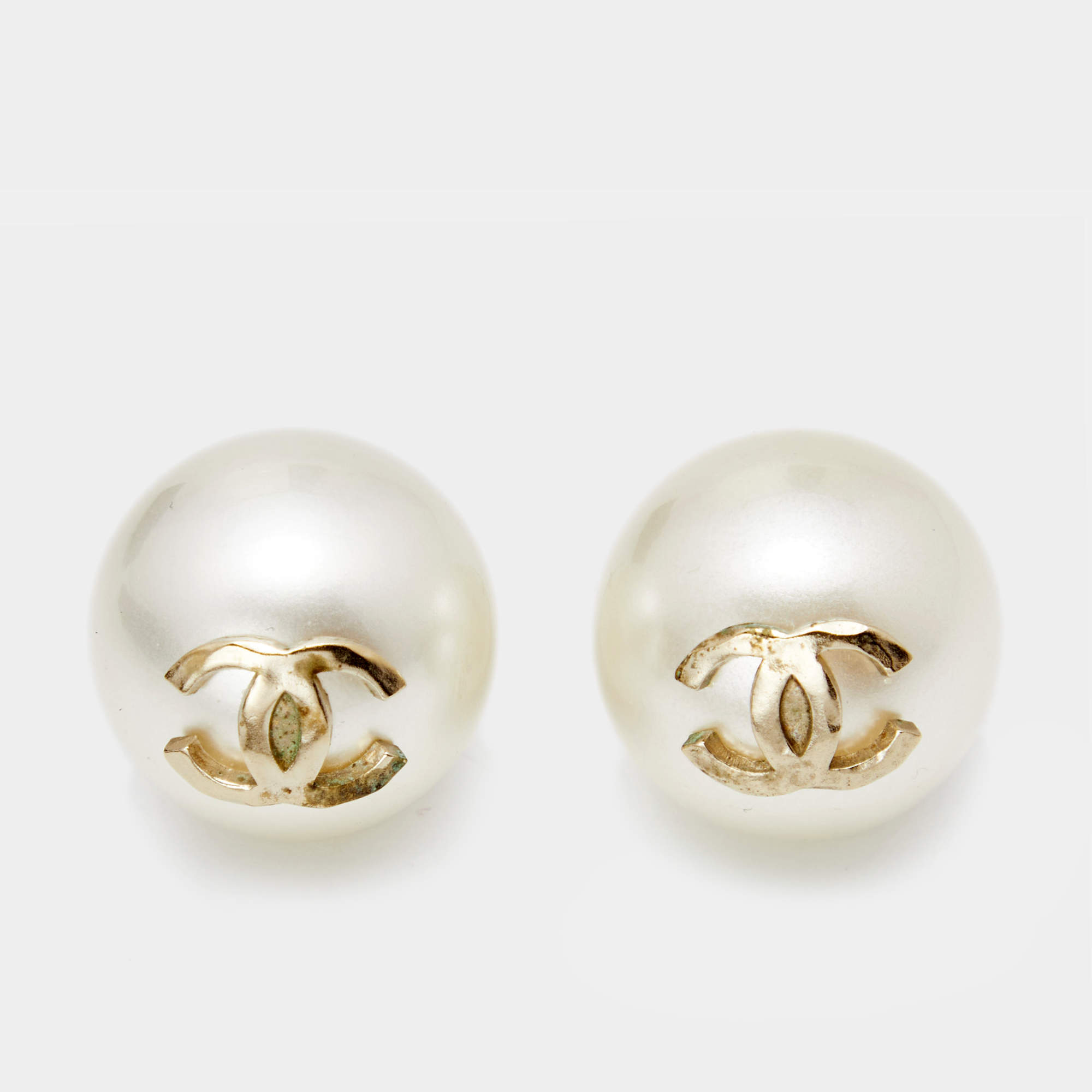 Chanel Pale Gold Tone Faux Pearl CC Stud Earrings Chanel | The Luxury Closet