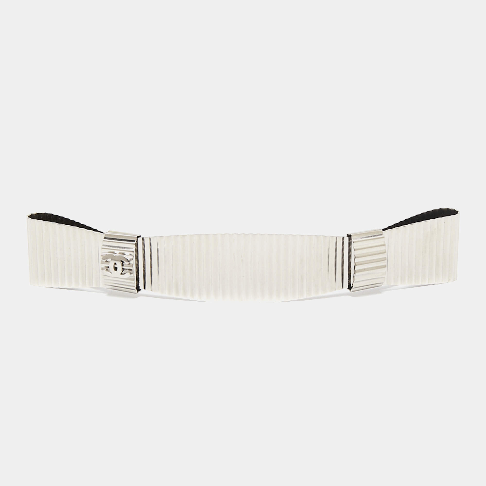 Chanel CC Textured Double Bow Silver Tone Barrette