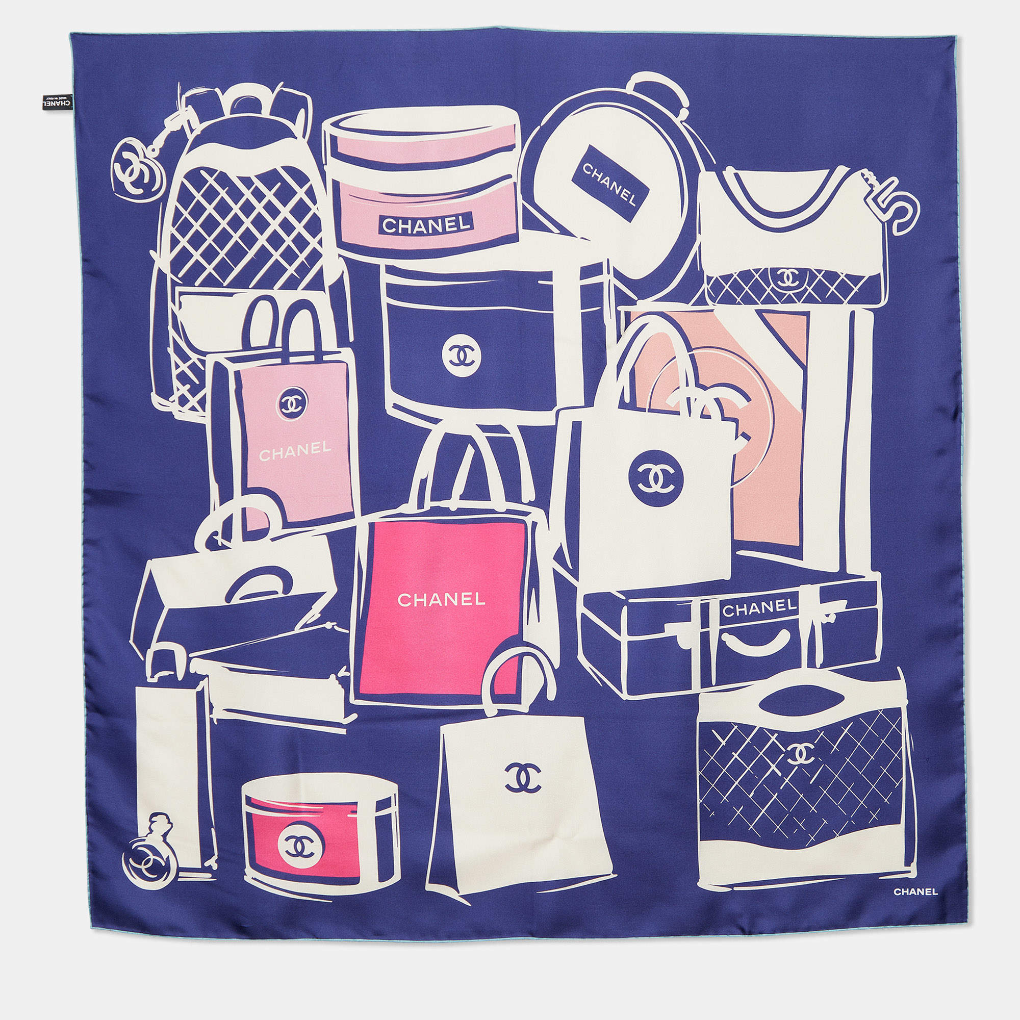 Pre Owned Chanel Navy Blue Bags Print Silk Scarf