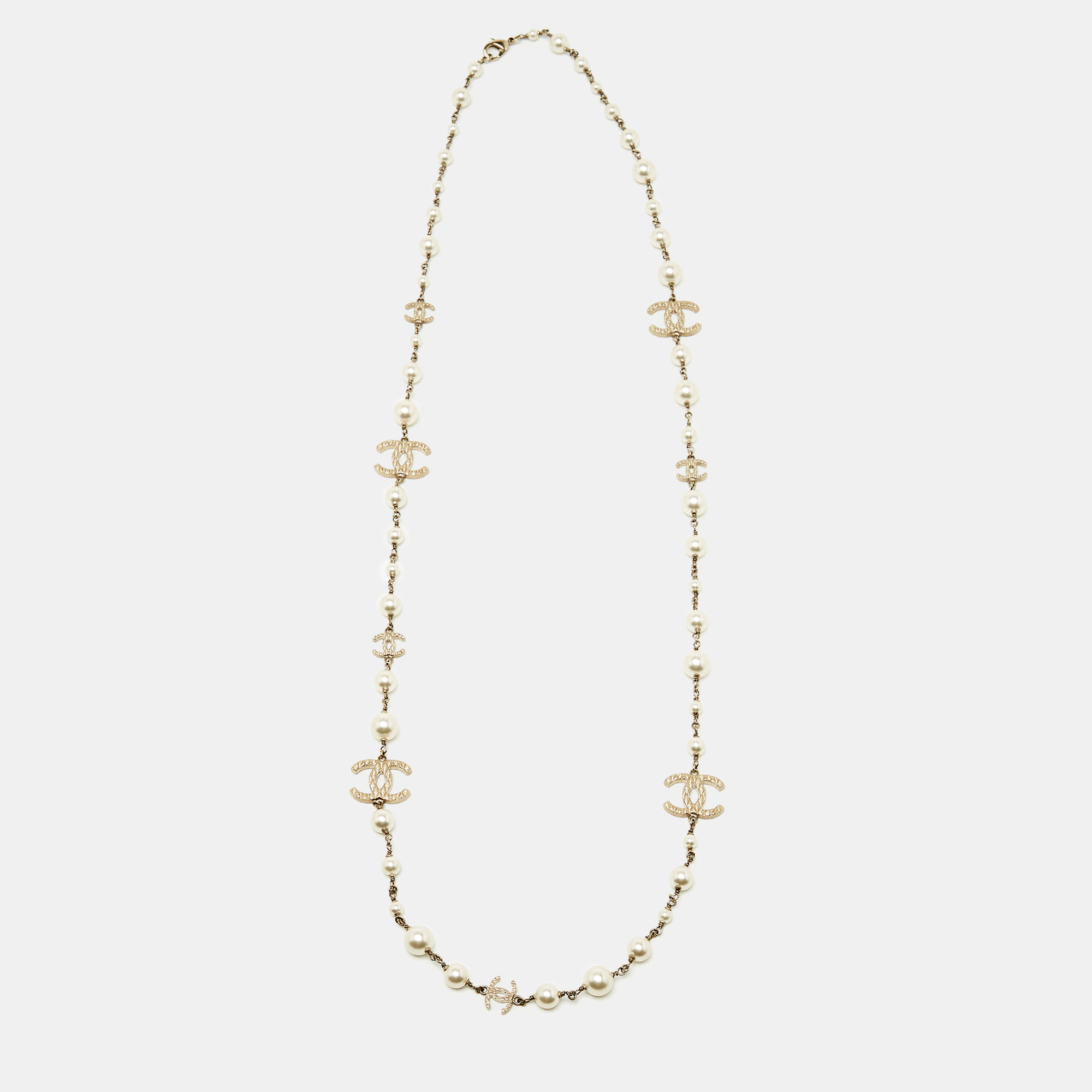 Pre Owned Chanel CC Faux Pearl Gold Tone Long Necklace