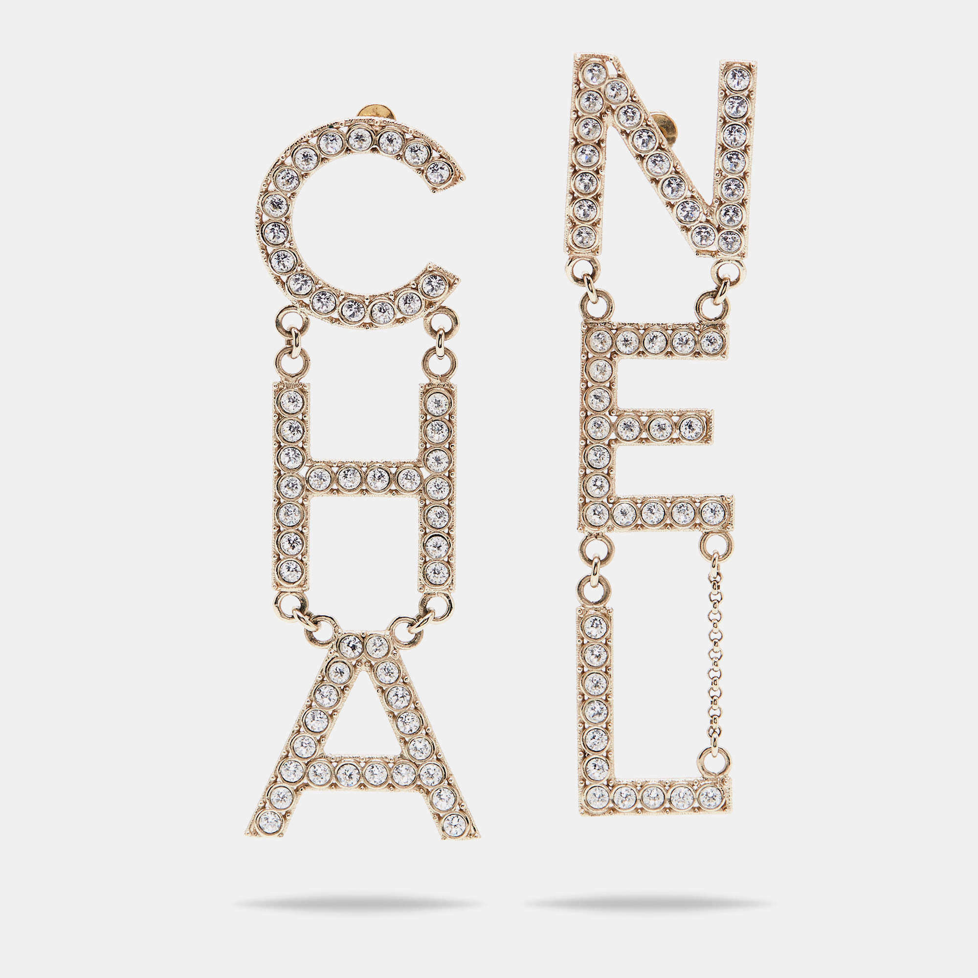 Pre Owned Chanel Pale Gold Tone Crystal Studded Logo Drop Earrings