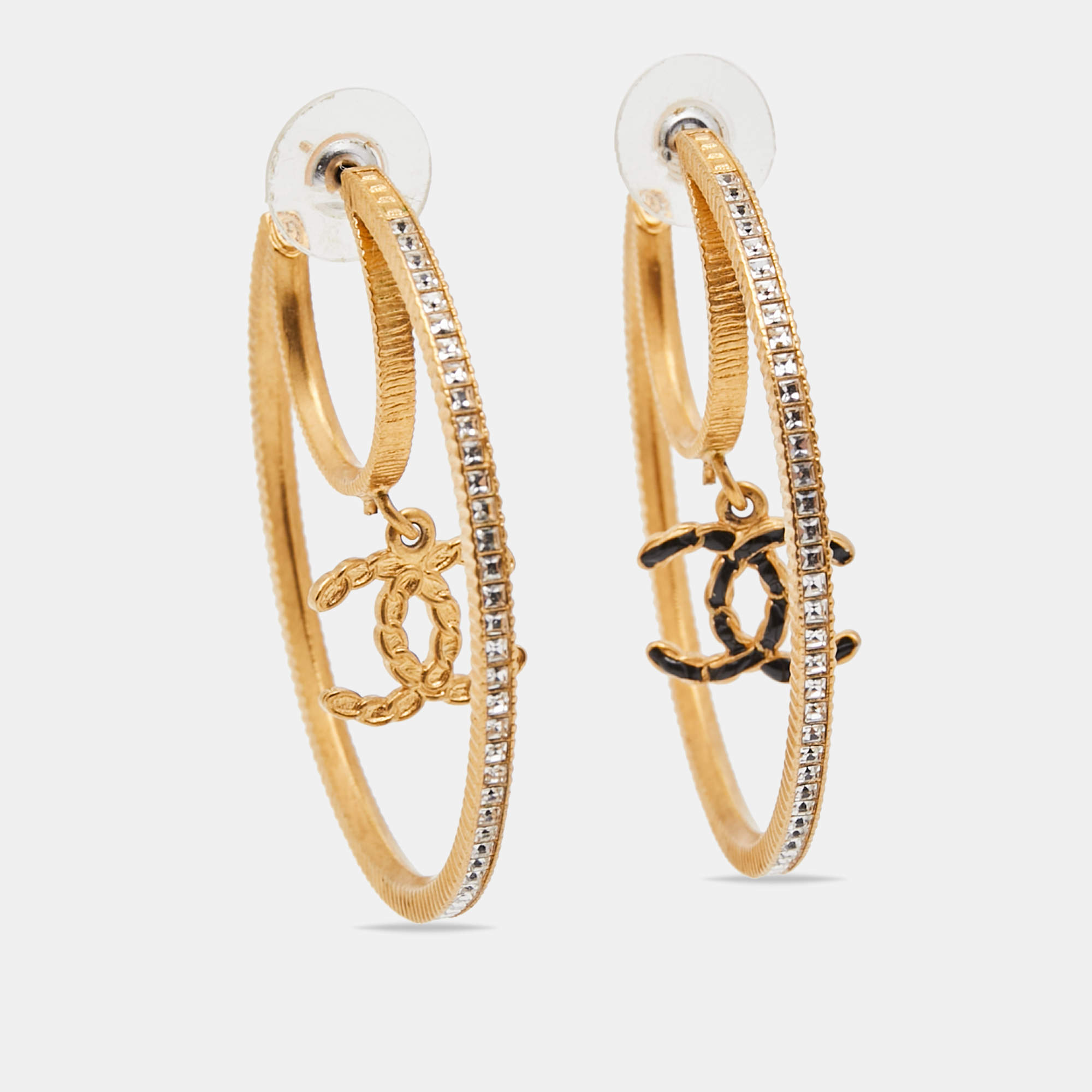 Pre Owned Chanel Gold Tone & Crystal Enamel CC Charm Hoop Earrings