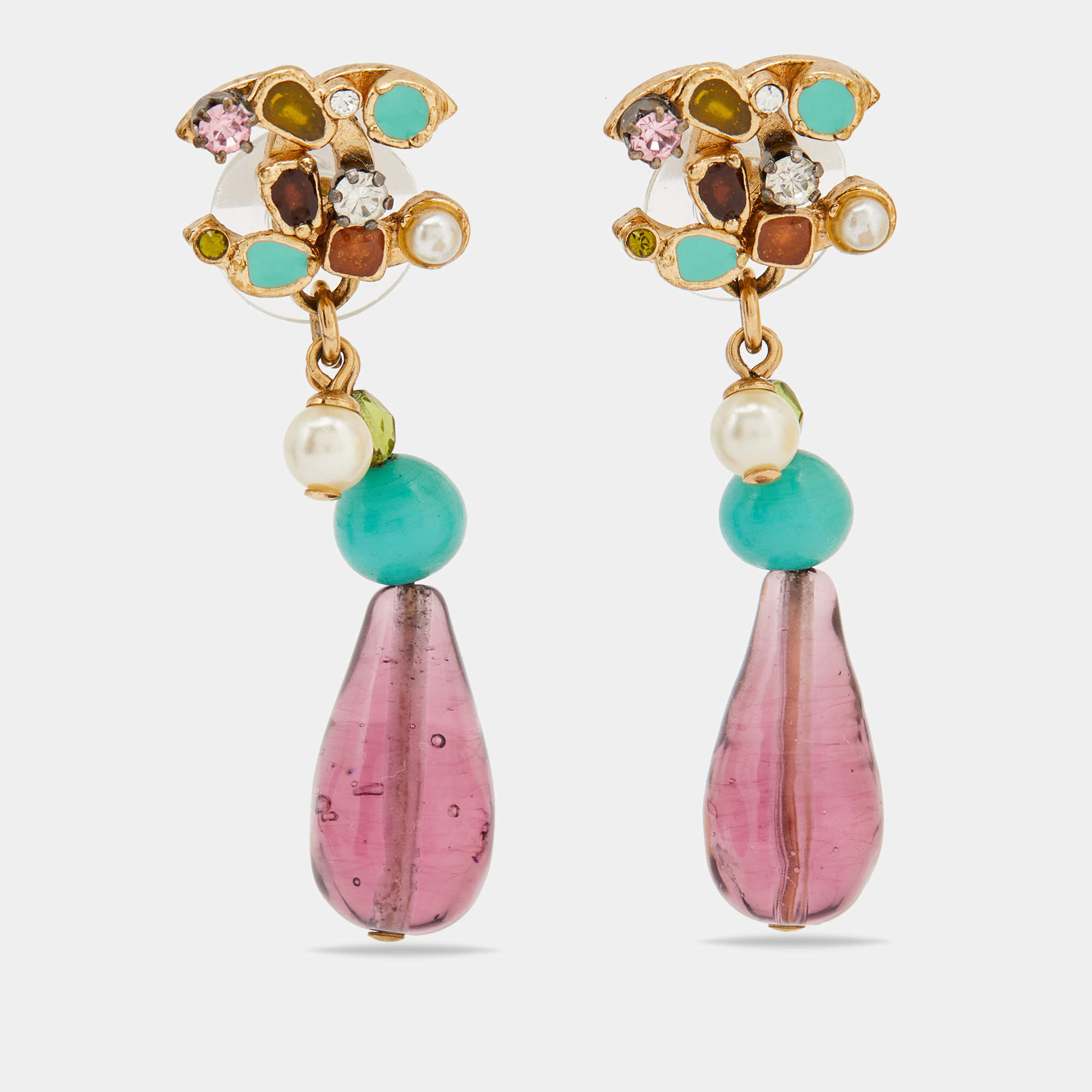 Chanel Gold Tone Multicolor Enamel Crystal CC Bead Drop Earrings