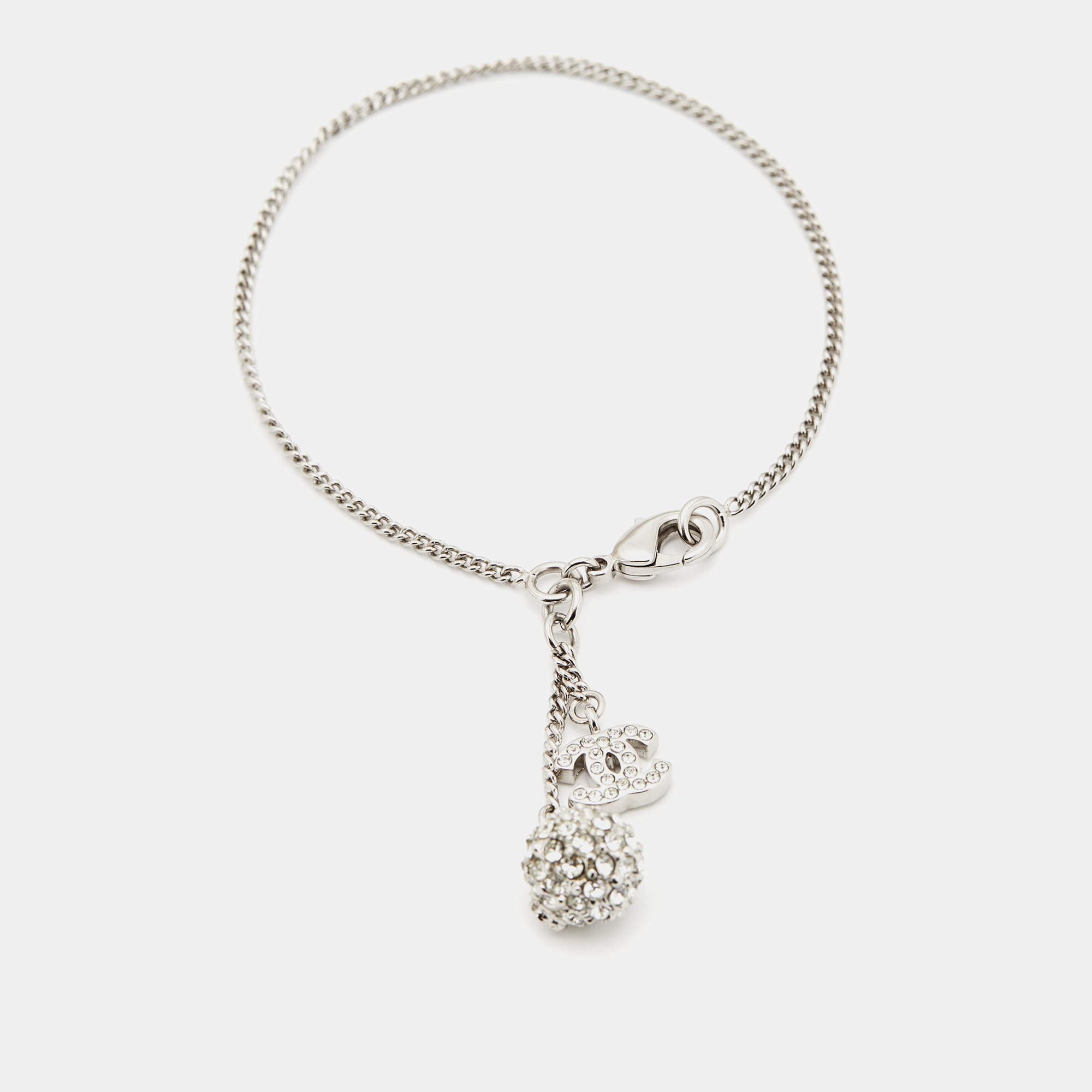 Pre Owned Chanel Silver Tone CC Crystal Charm Chain Bracelet 