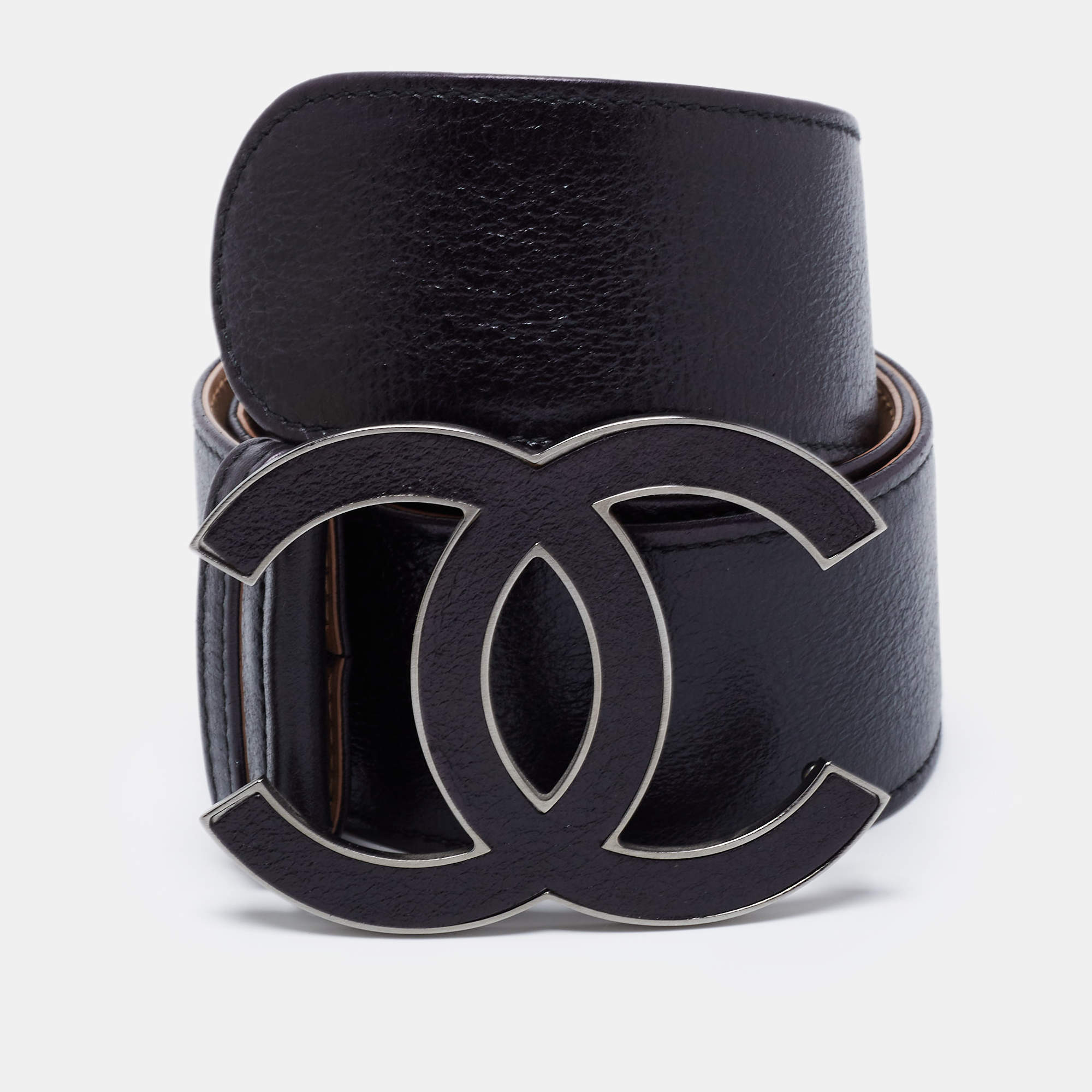Pre Owned Chanel Black Leather CC Wide Waist Belt 80CM