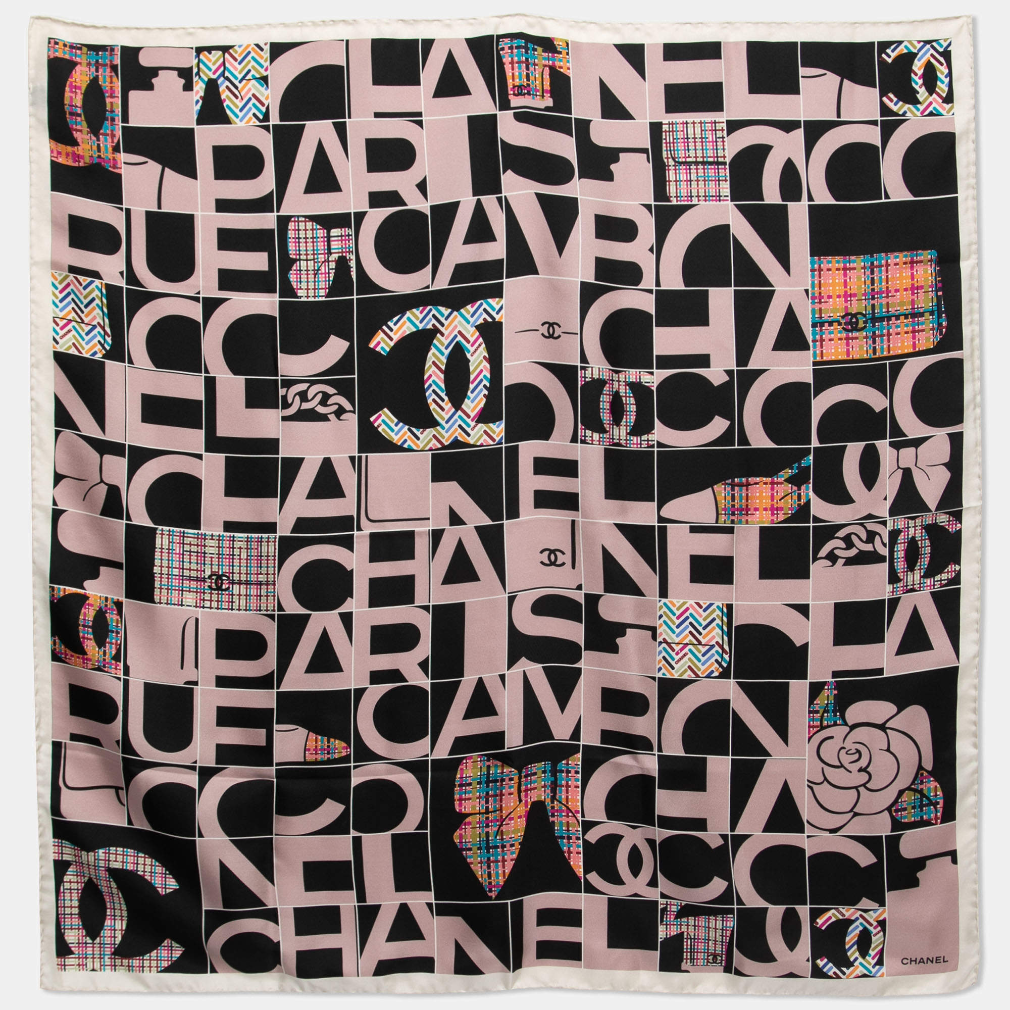 Pre Owned Chanel Black & Beige Check Logo Print Silk Scarf