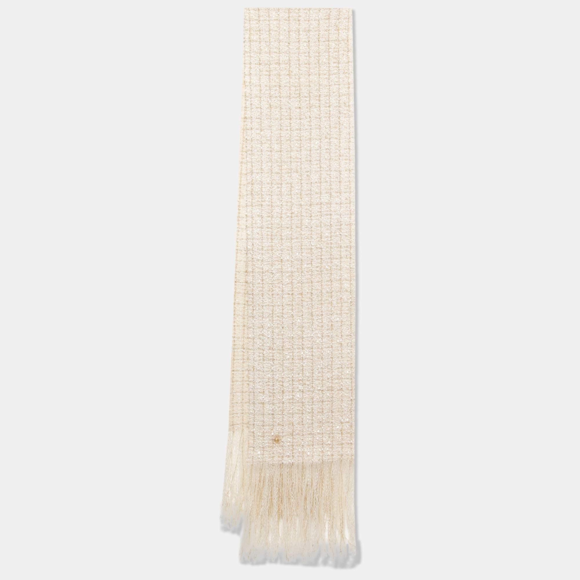 Pre Owned Chanel Ecru Fantasy Tweed Cosmopolite Fringed Scarf