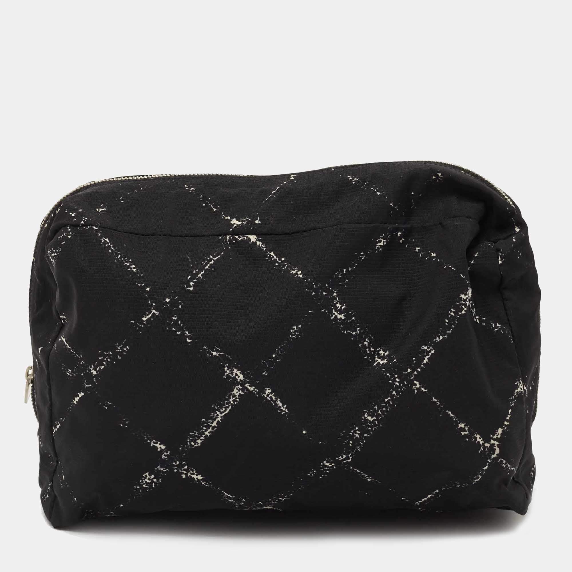 Chanel Black/White Quilted Print Nylon Travel Ligne Cosmetic Pouch