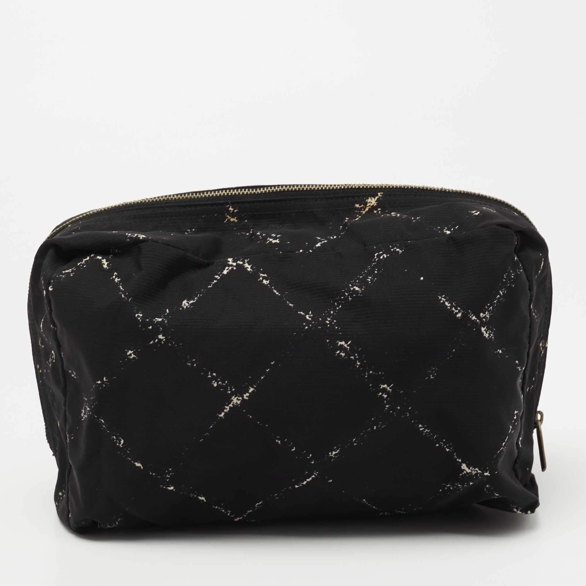 Chanel Black/White Quilted Print Nylon Travel Ligne Cosmetic Pouch