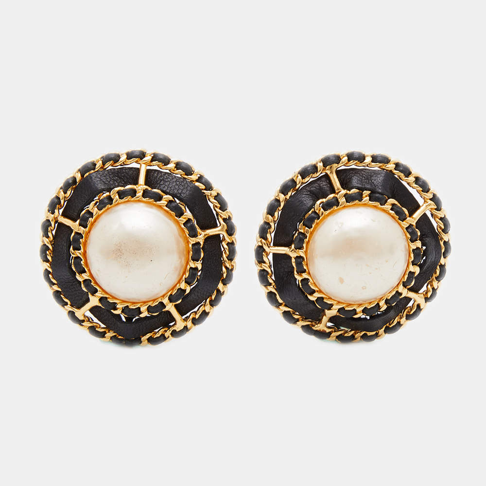 Chanel Vintage Gold Tone Leather Woven Pearl Dome Clip-On Earrings