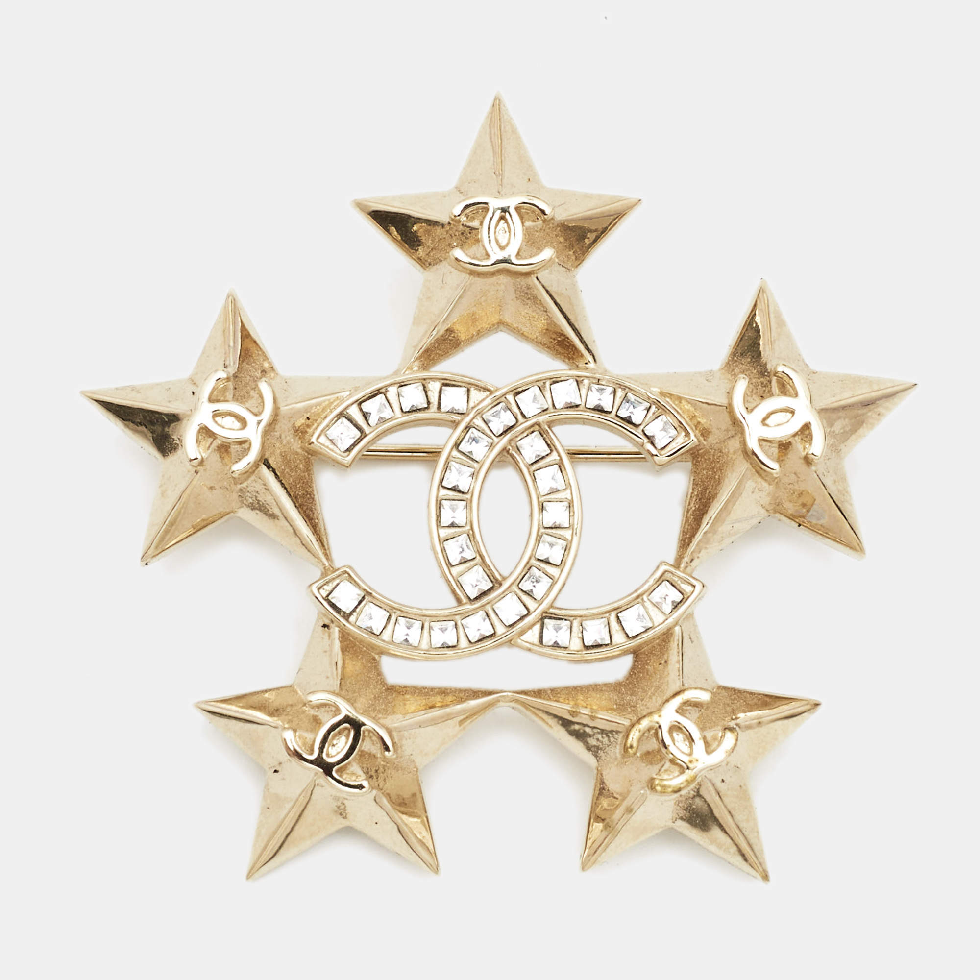 Chanel Gold Tone Baguette Crystal CC Star Pin Brooch