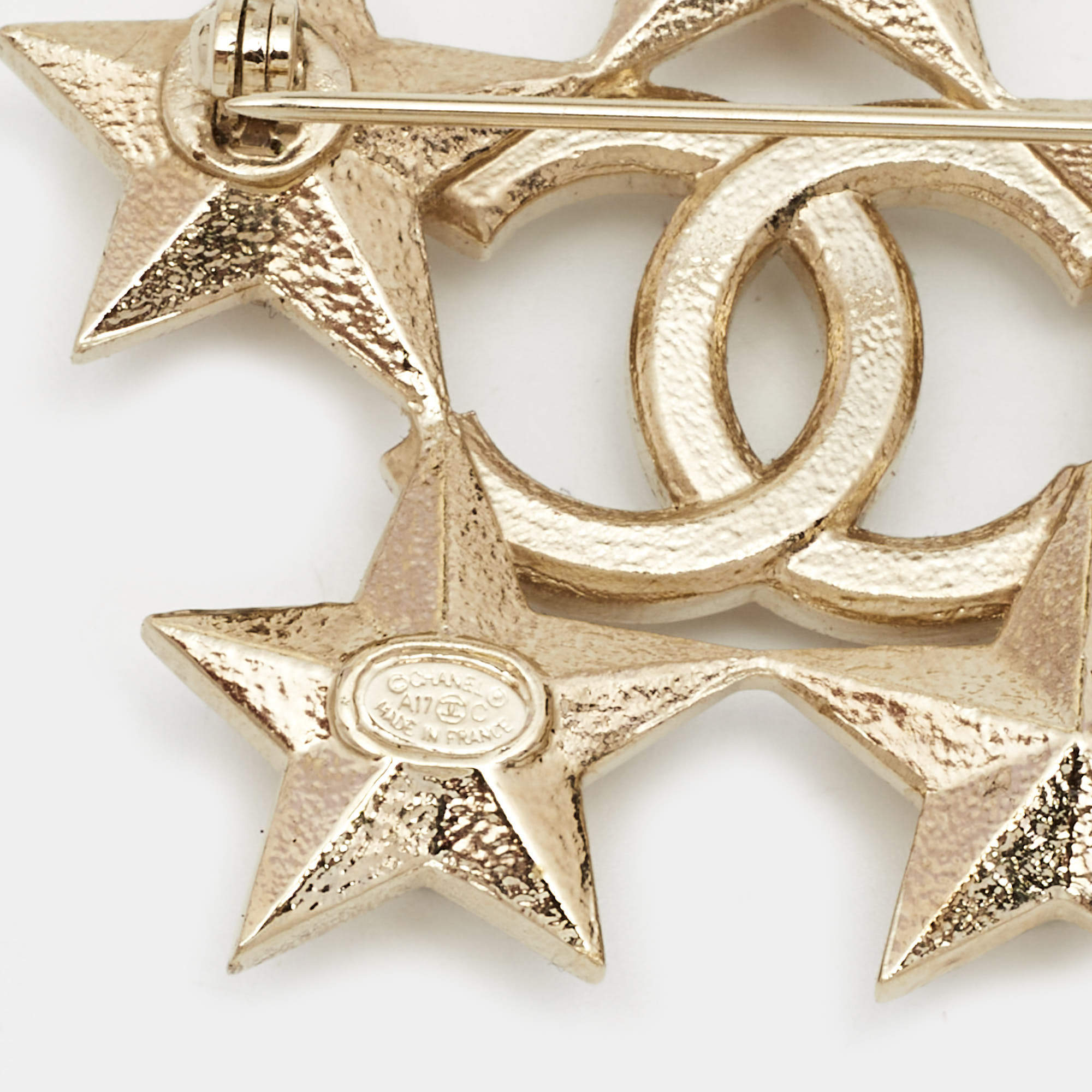 Chanel Gold Tone Baguette Crystal CC Star Pin Brooch Chanel