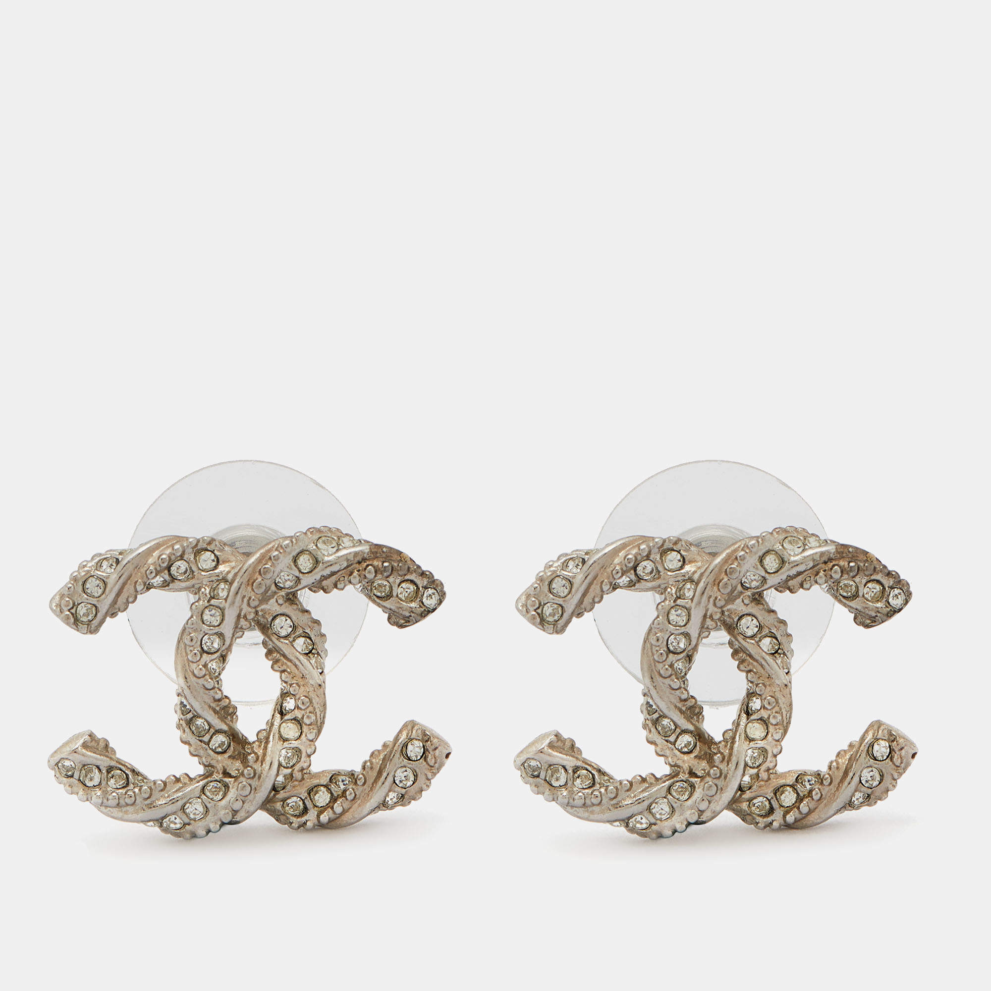 Chanel Silver Tone Crystal CC Twist Earrings
