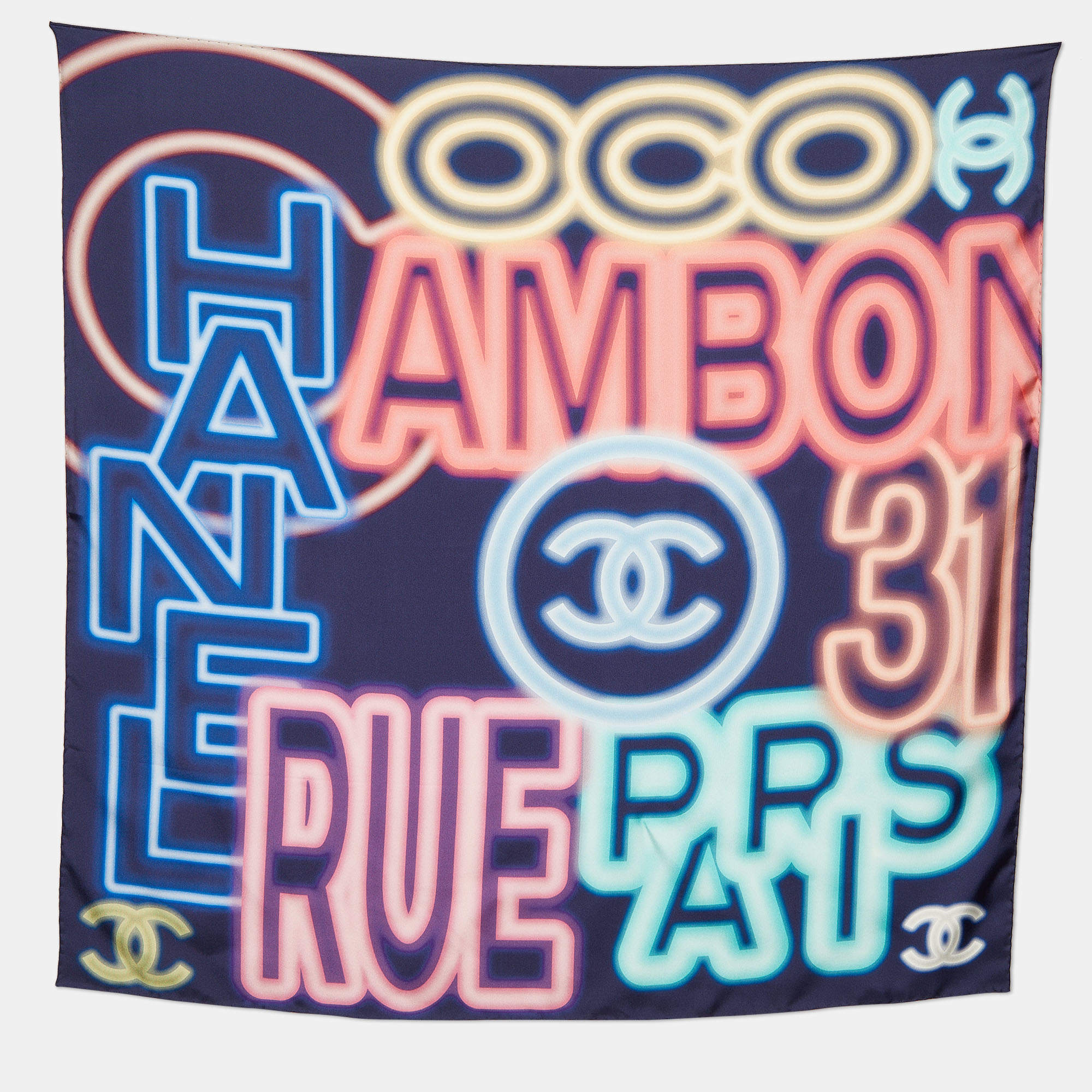 Pre Owned Chanel Navy Blue Neon Logo Printed Silk Square Scarf