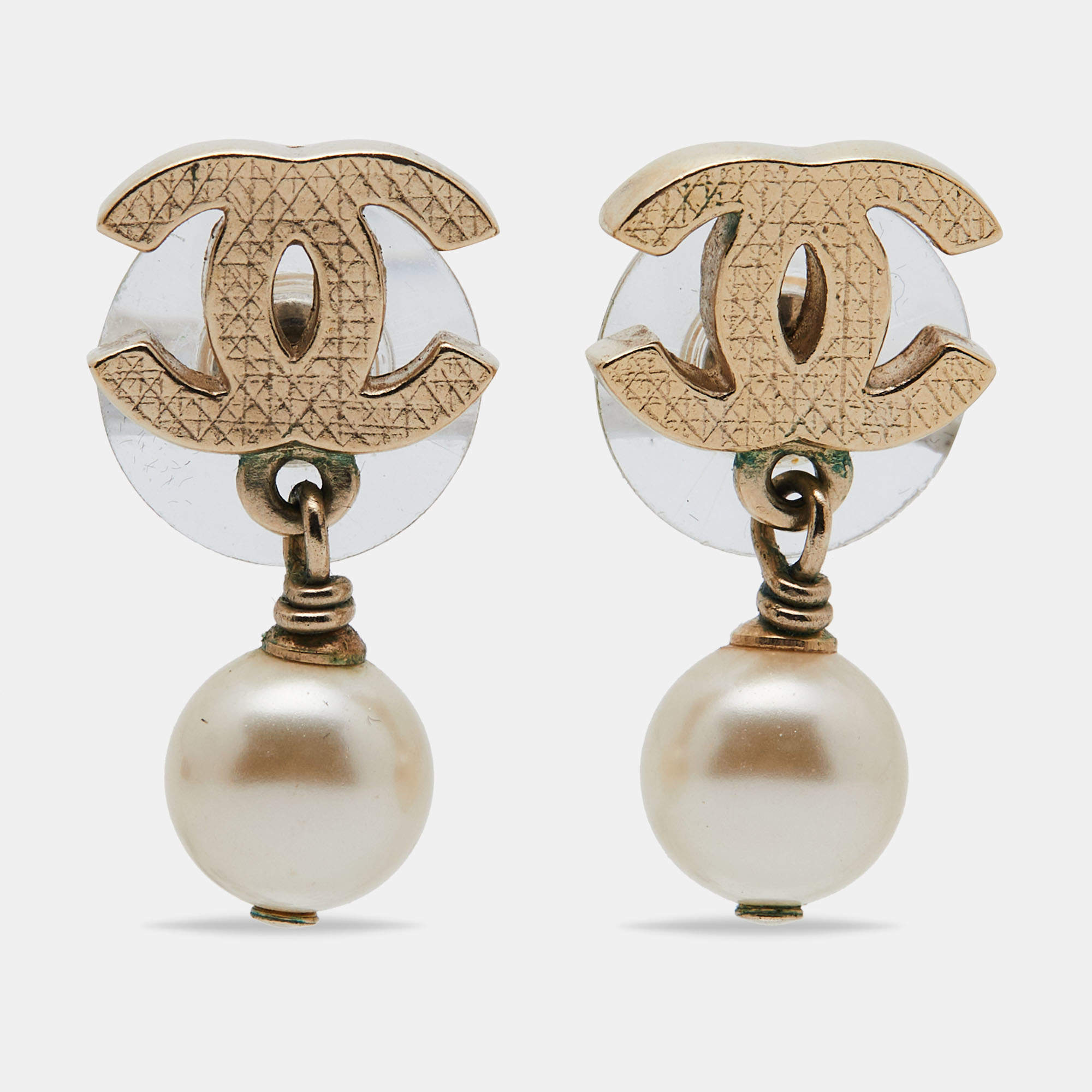 Chanel CC Faux Pearl Textured Gold Tone Drop Earrings Chanel