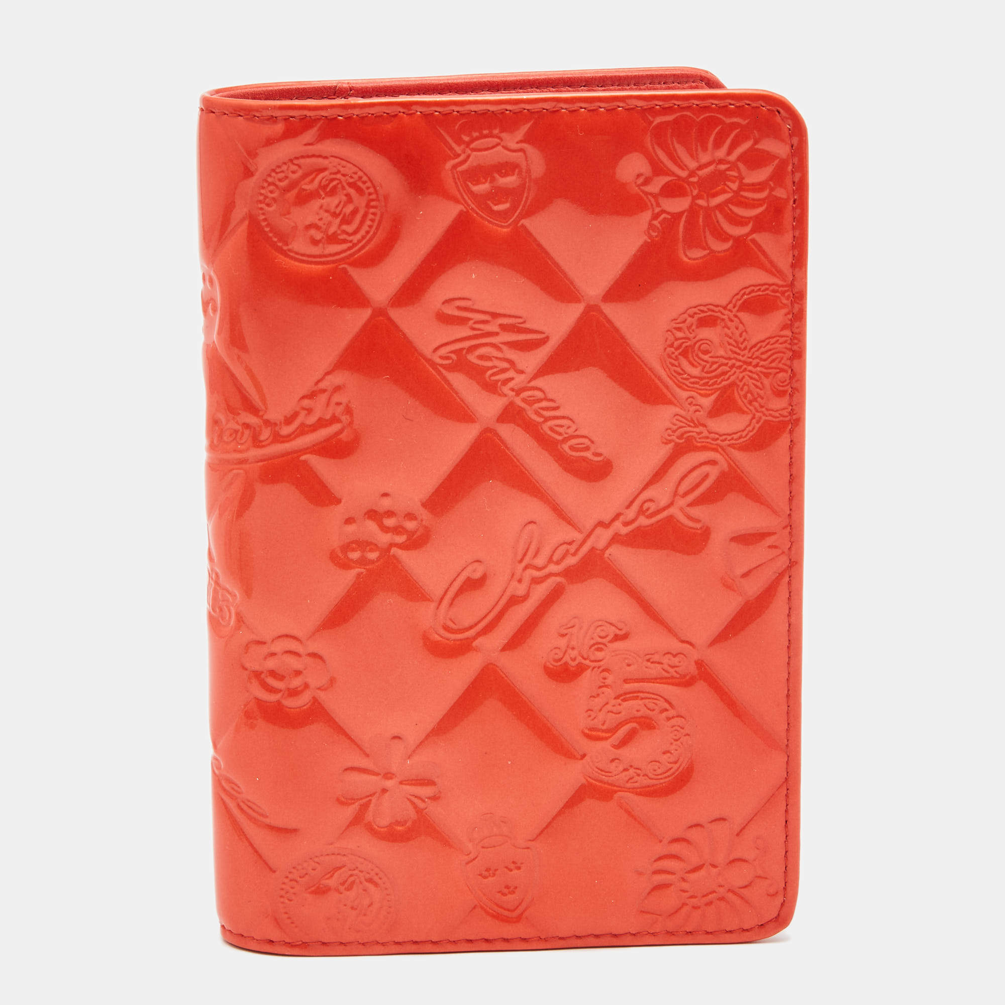 Pre Owned Chanel Orange Embossed Quilted Patent Leather CC Agenda Notebook