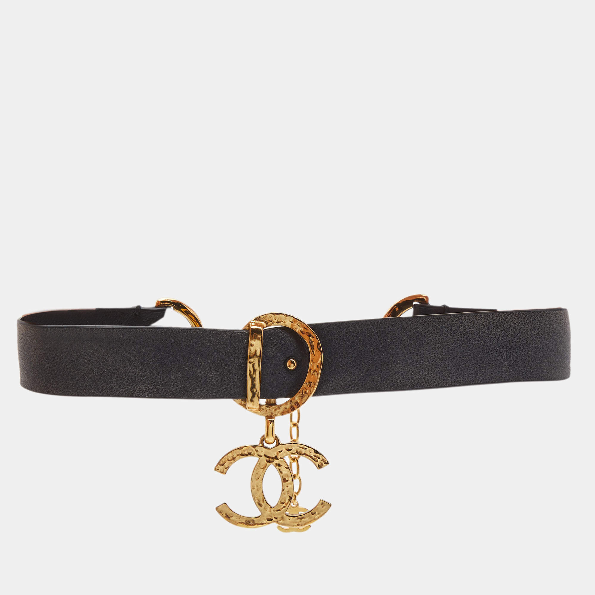 Pre Owned Chanel CC Leather Gold Tone Choker Necklace