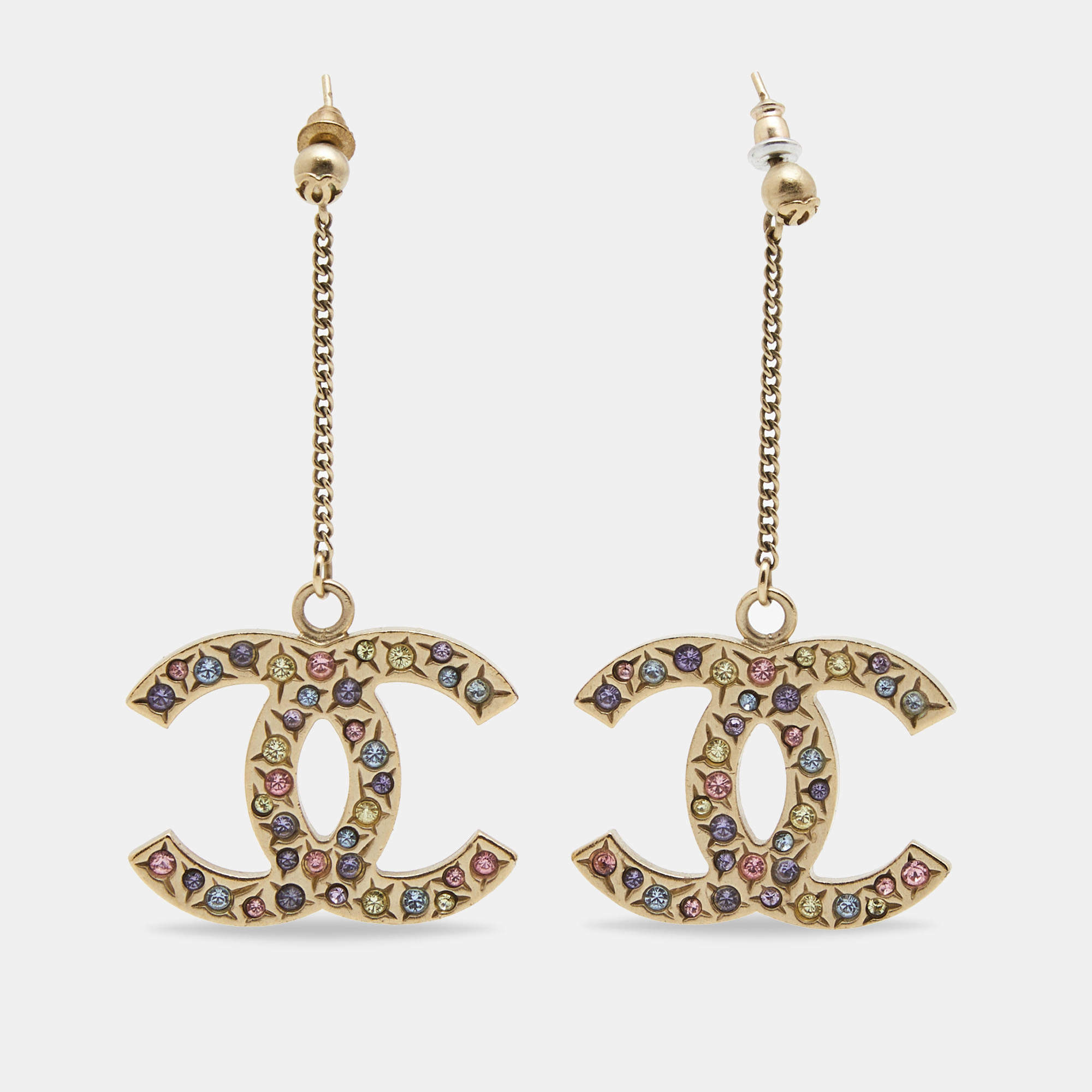 Chanel CC Crystals Gold Tone Drop Earrings
