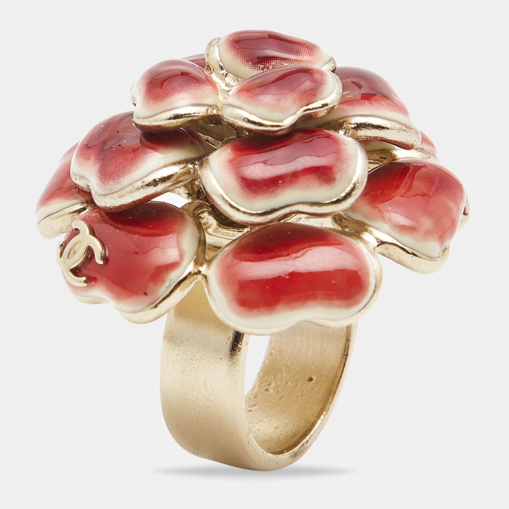 Pre Owned Chanel CC FLower Enamel Gold Tone Ring Size 53