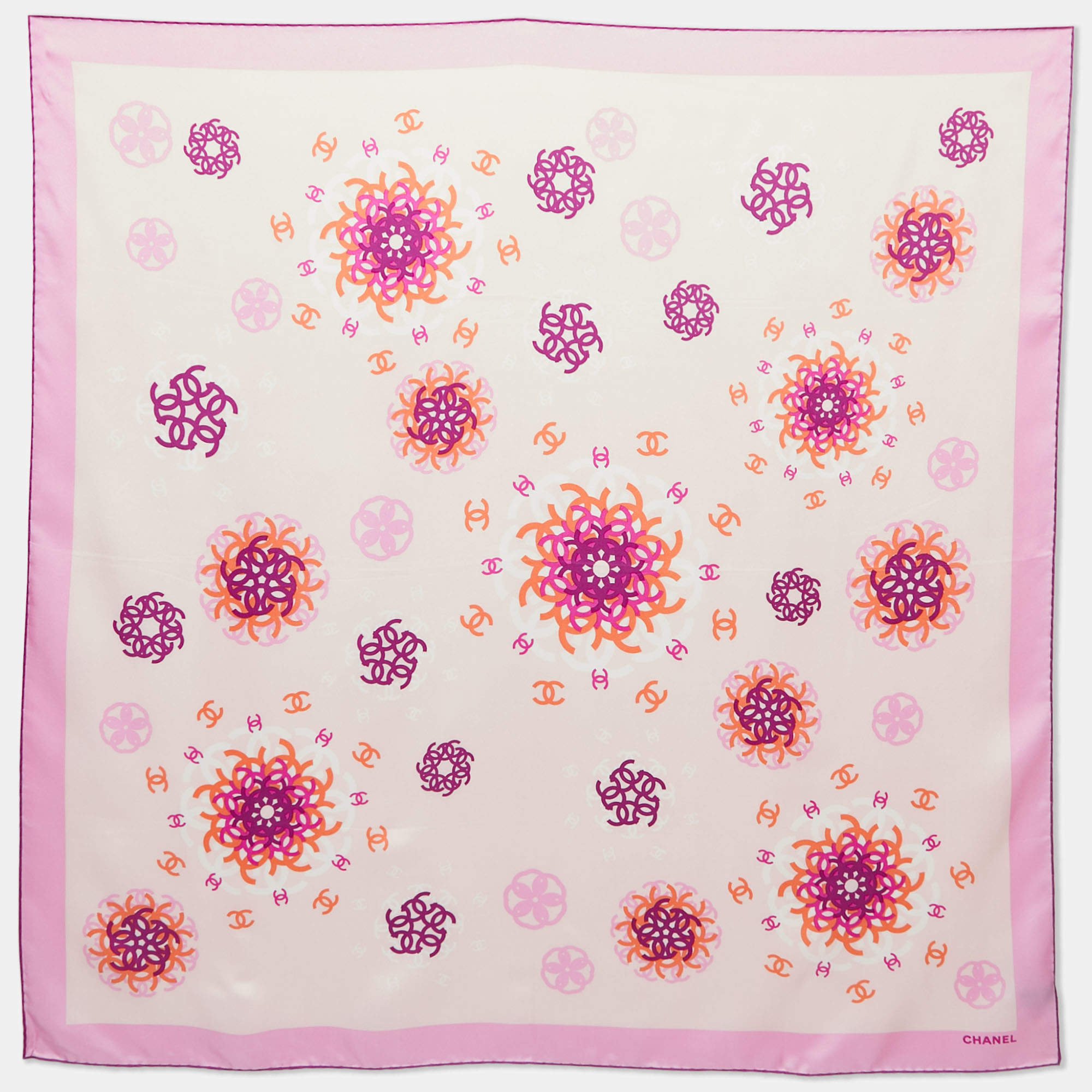 Chanel Pink CC Flower Print Silk Scarf