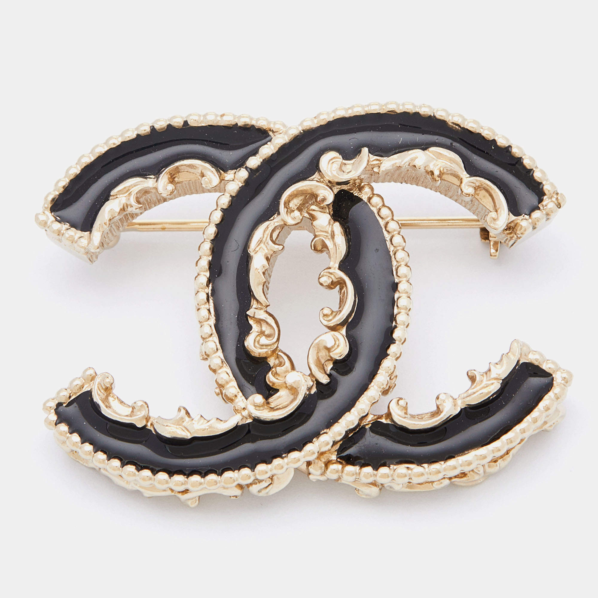 Chanel Black Enamel Gold Tone CC Baroque Pin Brooch
