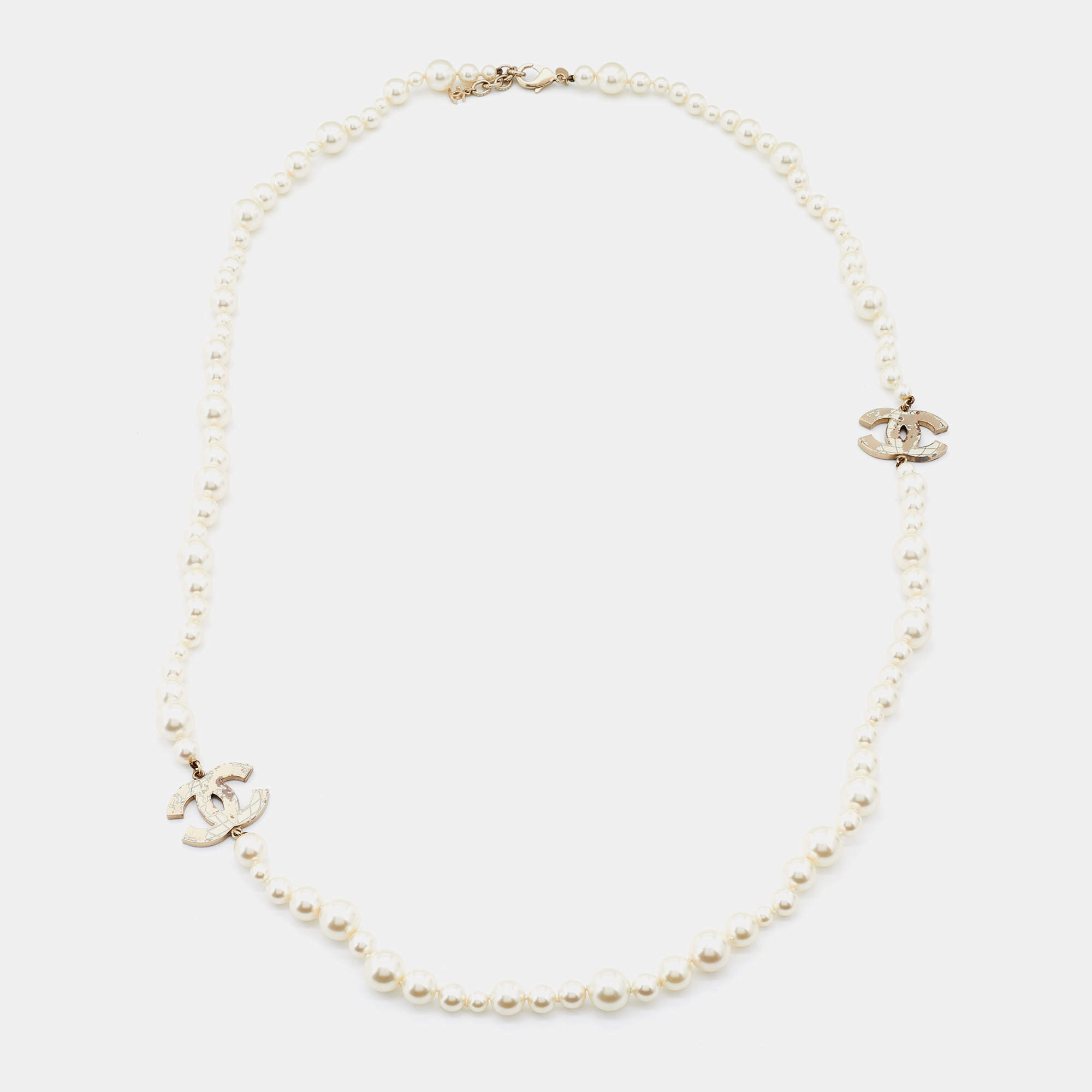 Pre Owned Chanel Gold Tone World Map CC Logo Faux Pearl Multi Strand Necklace