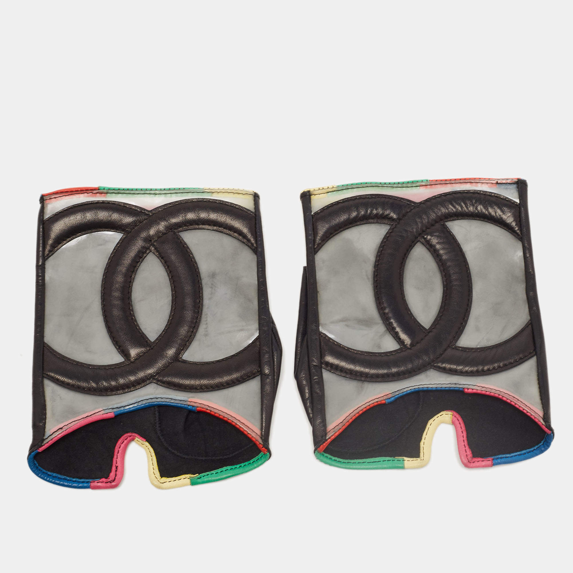 Pre Owned Chanel Multicolor PVC and Leather CC Fingerless Gloves Size 8