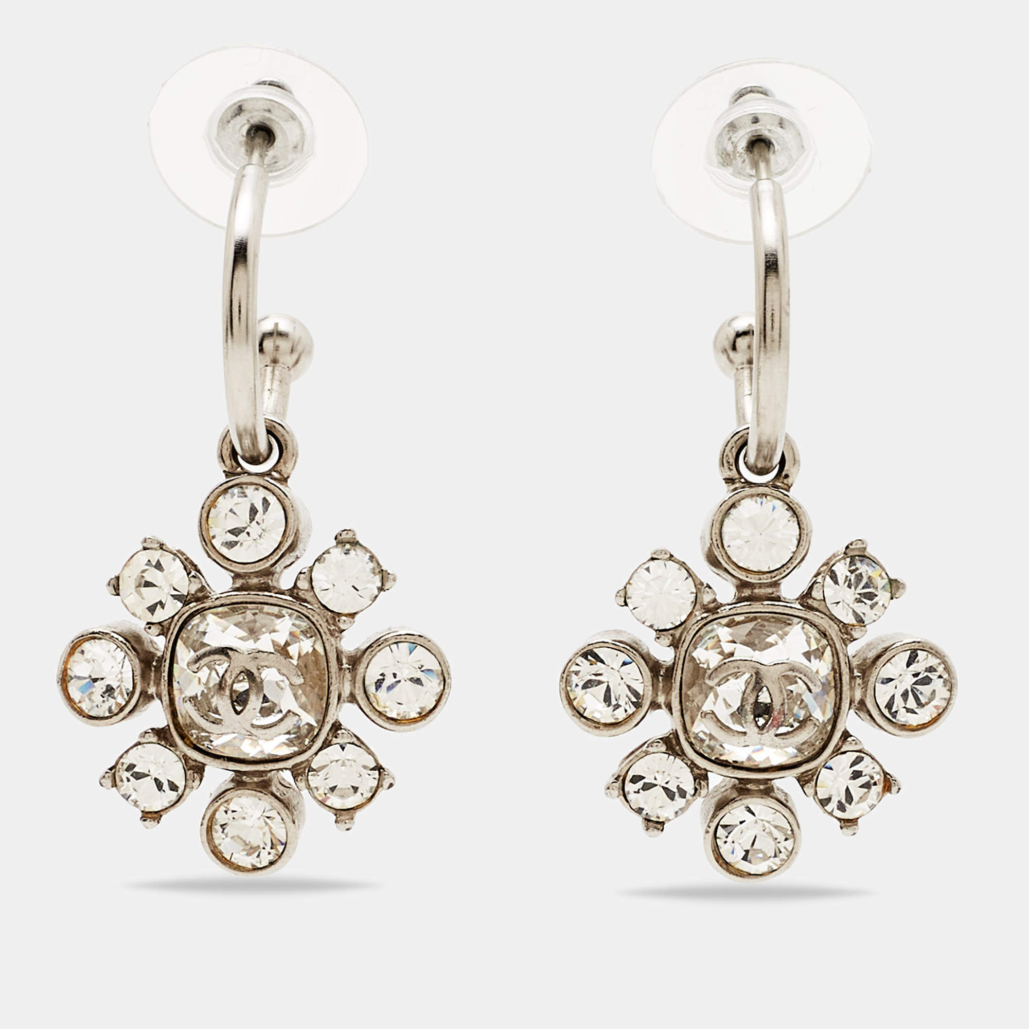 Chanel CC Floral Crystals Silver Tone Earrings
