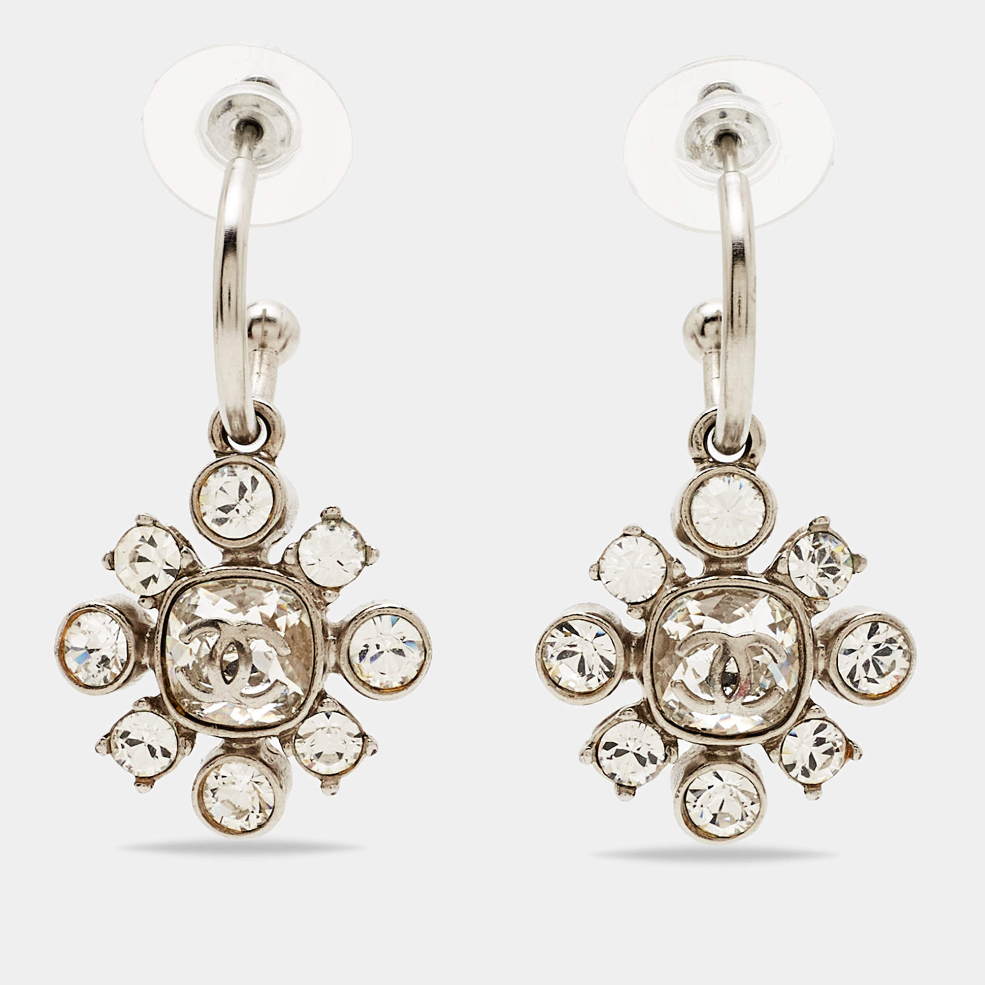 Pre Owned Chanel CC Floral Crystals Silver Tone Earrings