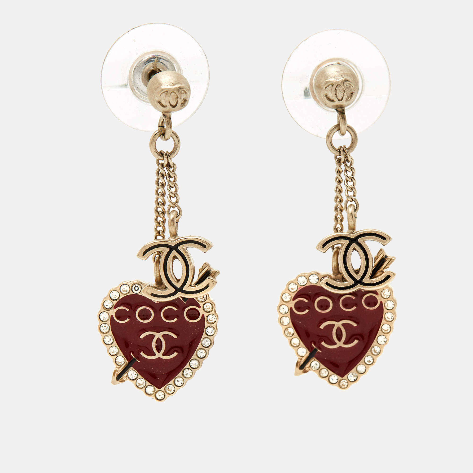 Chanel CC Coco Enamel Crystal Gold Tone Earrings
