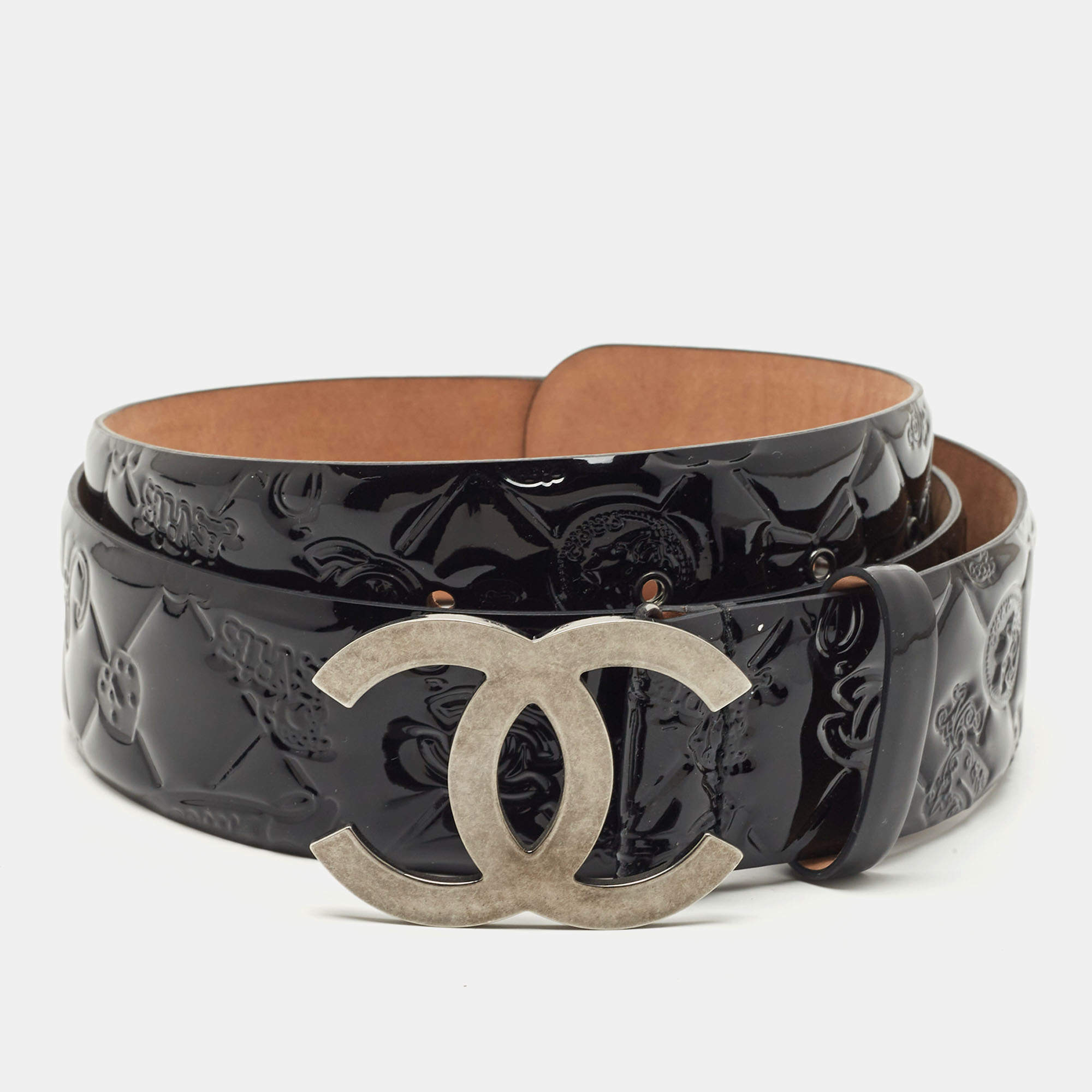 Chanel Black Quilted Embossed Patent Leather CC Buckle Belt 95 CM