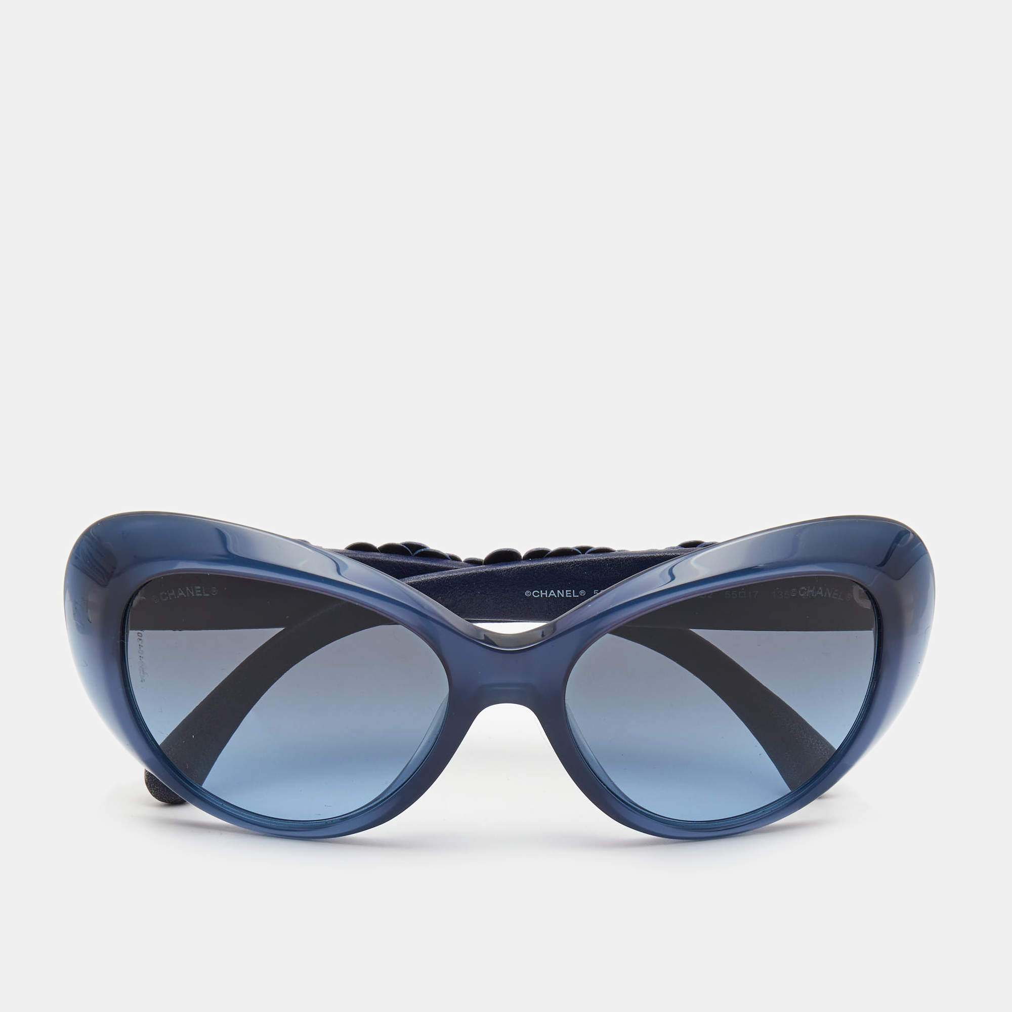 Pre Owned Chanel Navy Blue CC Camellia Leather Gradient Cat Eye Sunglasses