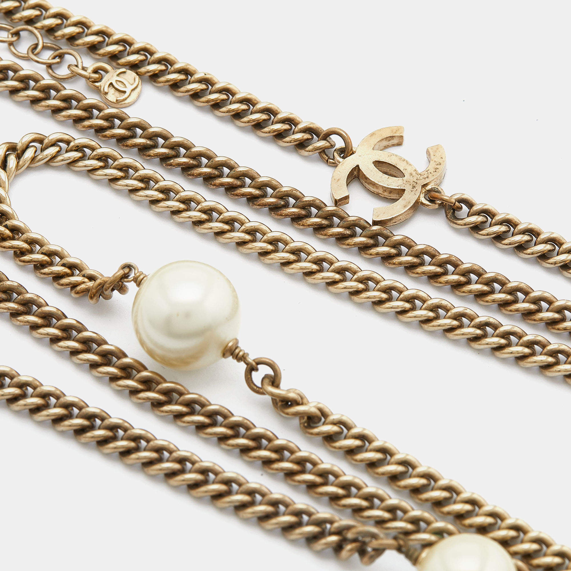 Chanel Faux Pearl & Crystal Pendant & Layered Gold Tone Chain