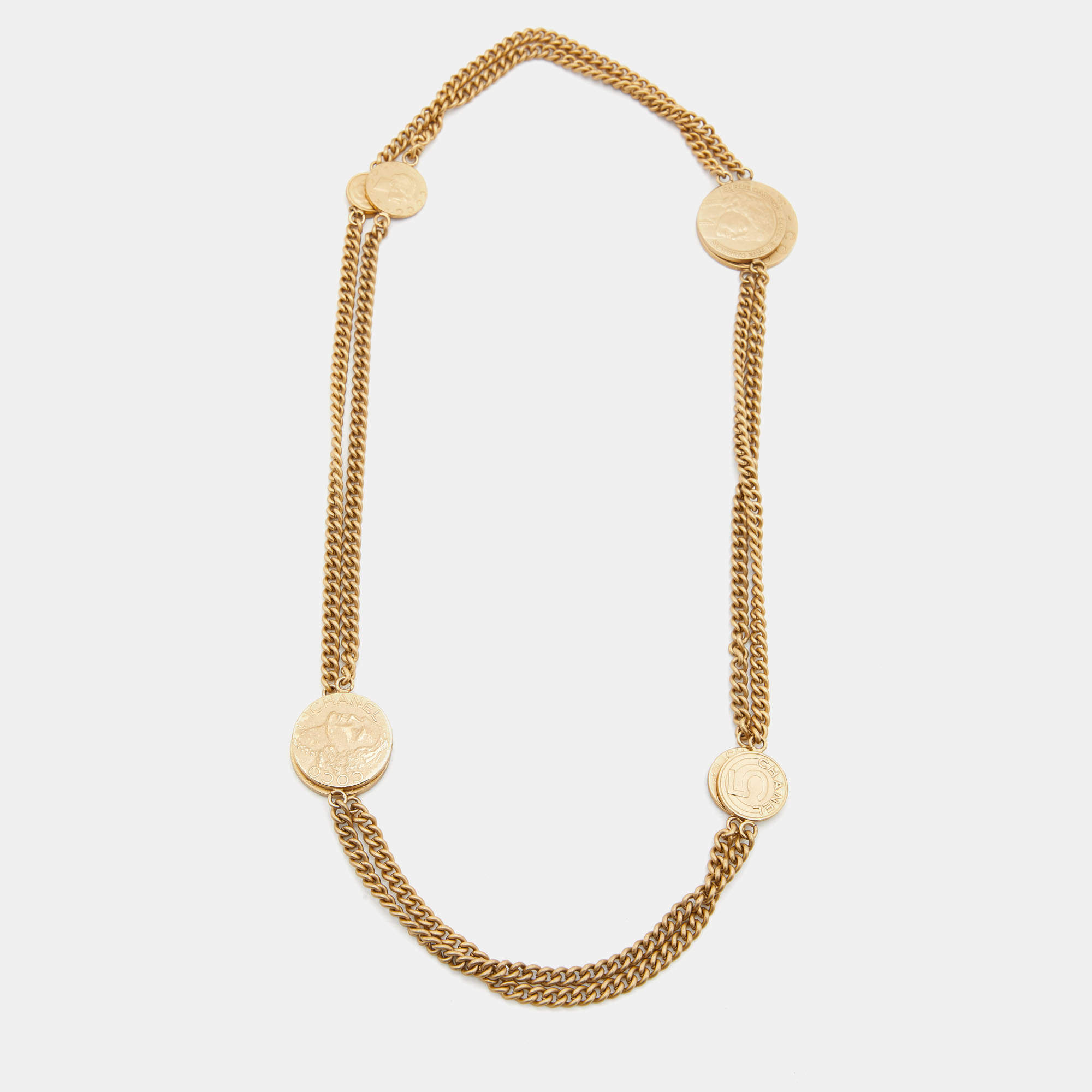 Chanel Gold Tone CC Coin Chain Long Necklace 