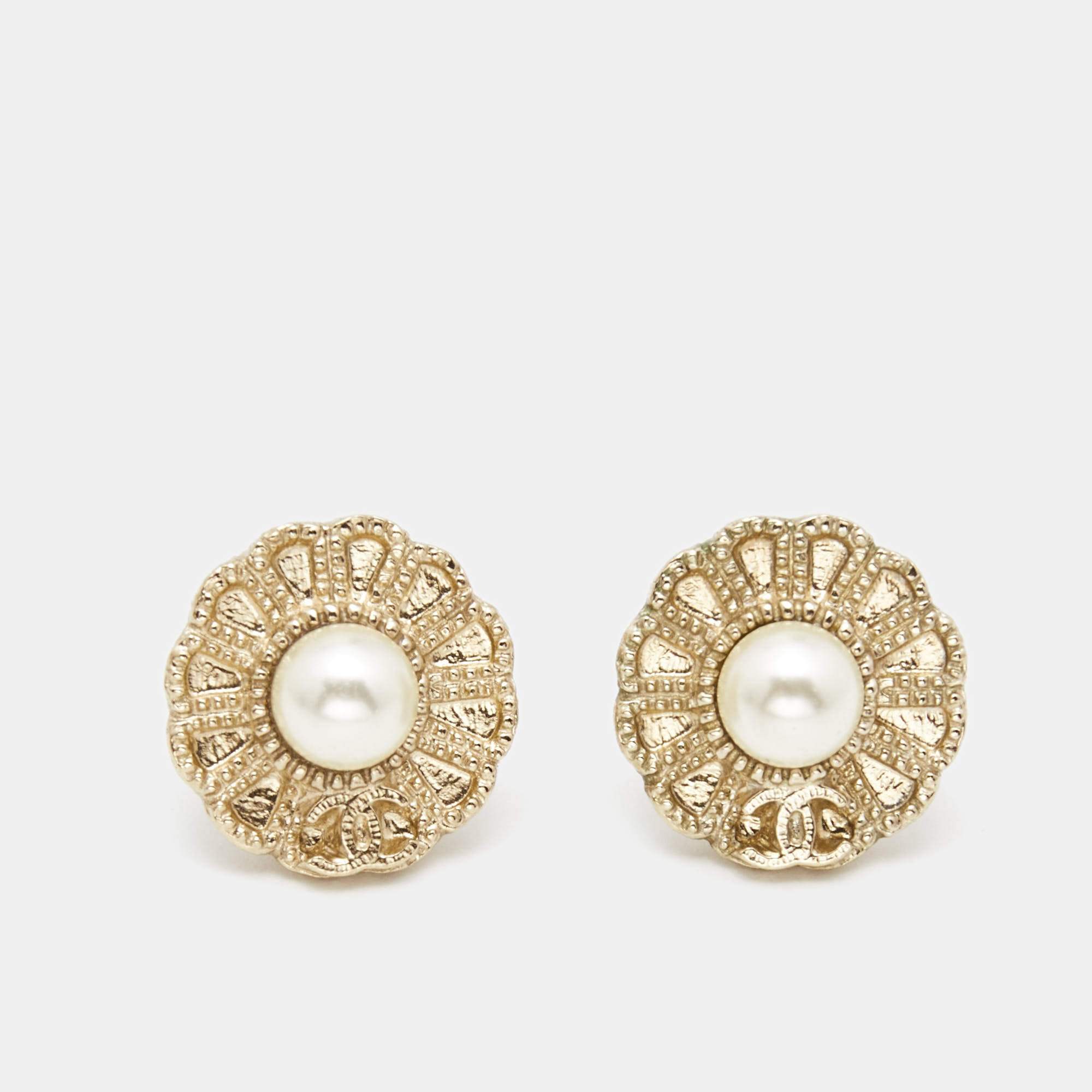 Chanel CC Faux Pearl Gold Tone Earrings