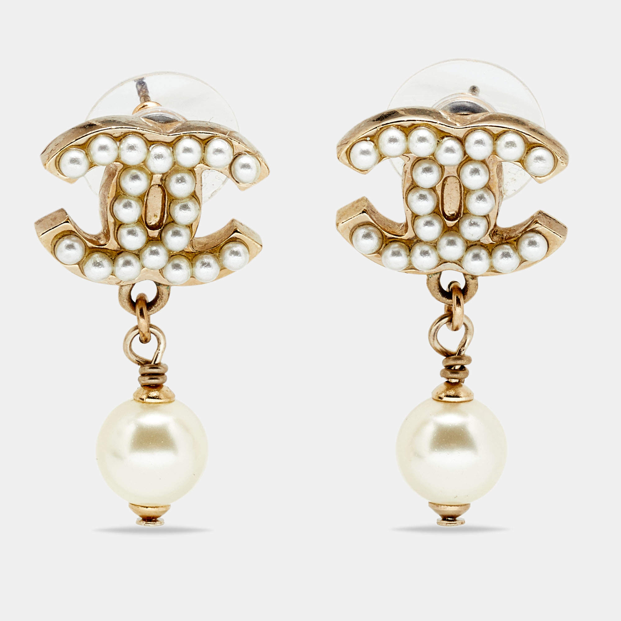 Chanel Gold Tone Faux Pearl CC Drop Earrings