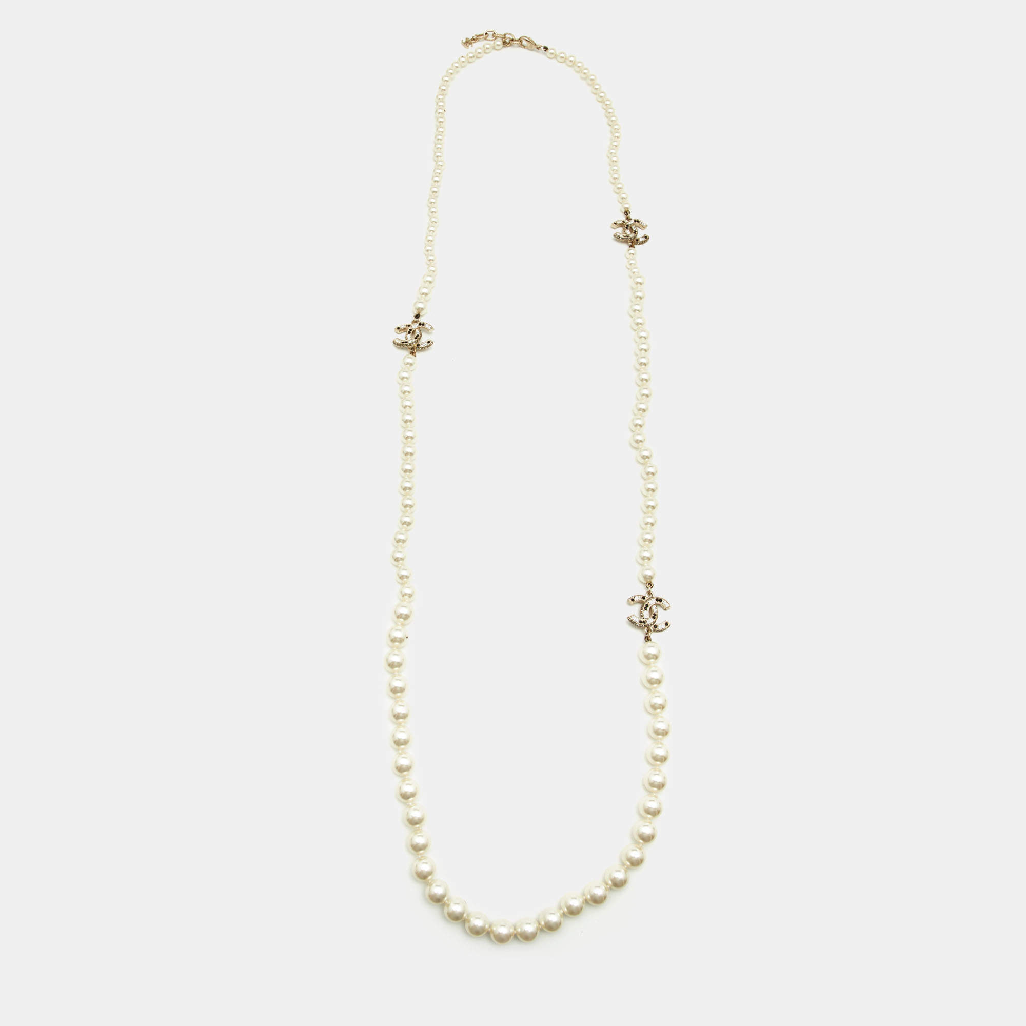 CHANEL Crystal Pearl CC Long Necklace Silver 114889