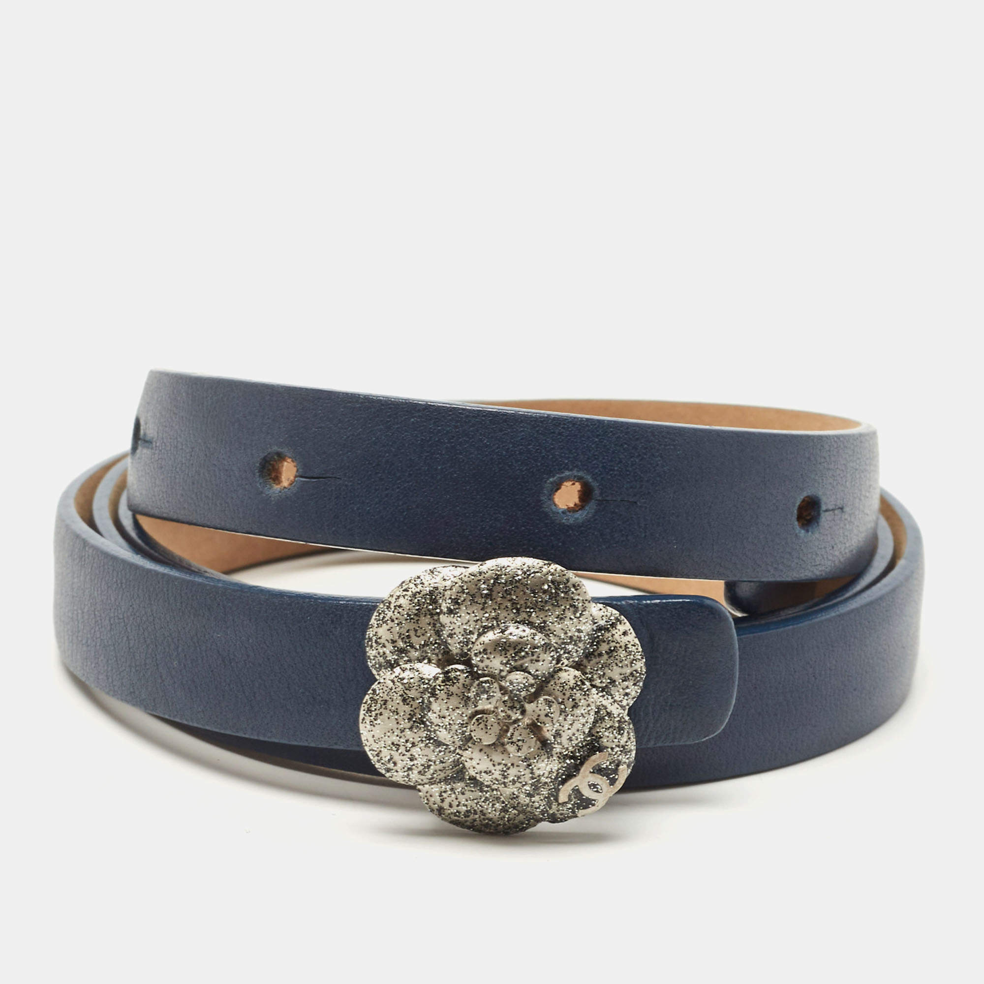 Chanel Blue Leather CC Camellia Buckle Reversible Slim Belt 85CM