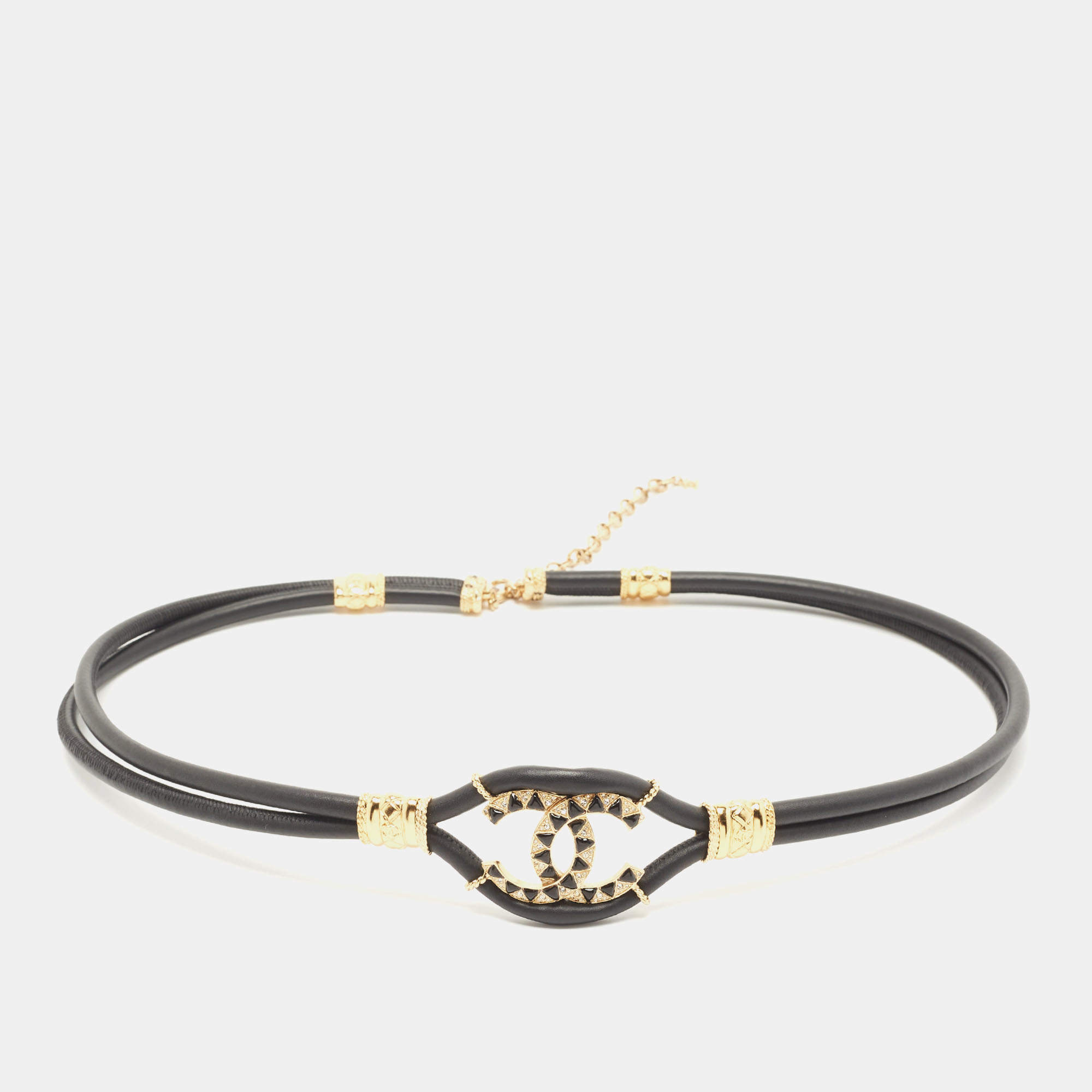 Pre Owned Chanel Black/Gold Leather CC Crystals Embellished Double Strap Waist Belt
